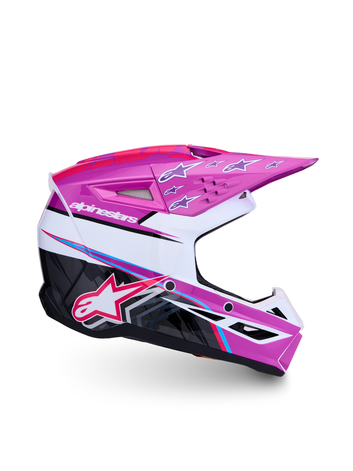 Alpinestars SM3 Falcon Hjelm Ungdom ECE06, lilla, hvid og pink motocrosshjelm til børn, letvægtsbeskyttelse til off-road kørsel, ECE 2206 certificeret.