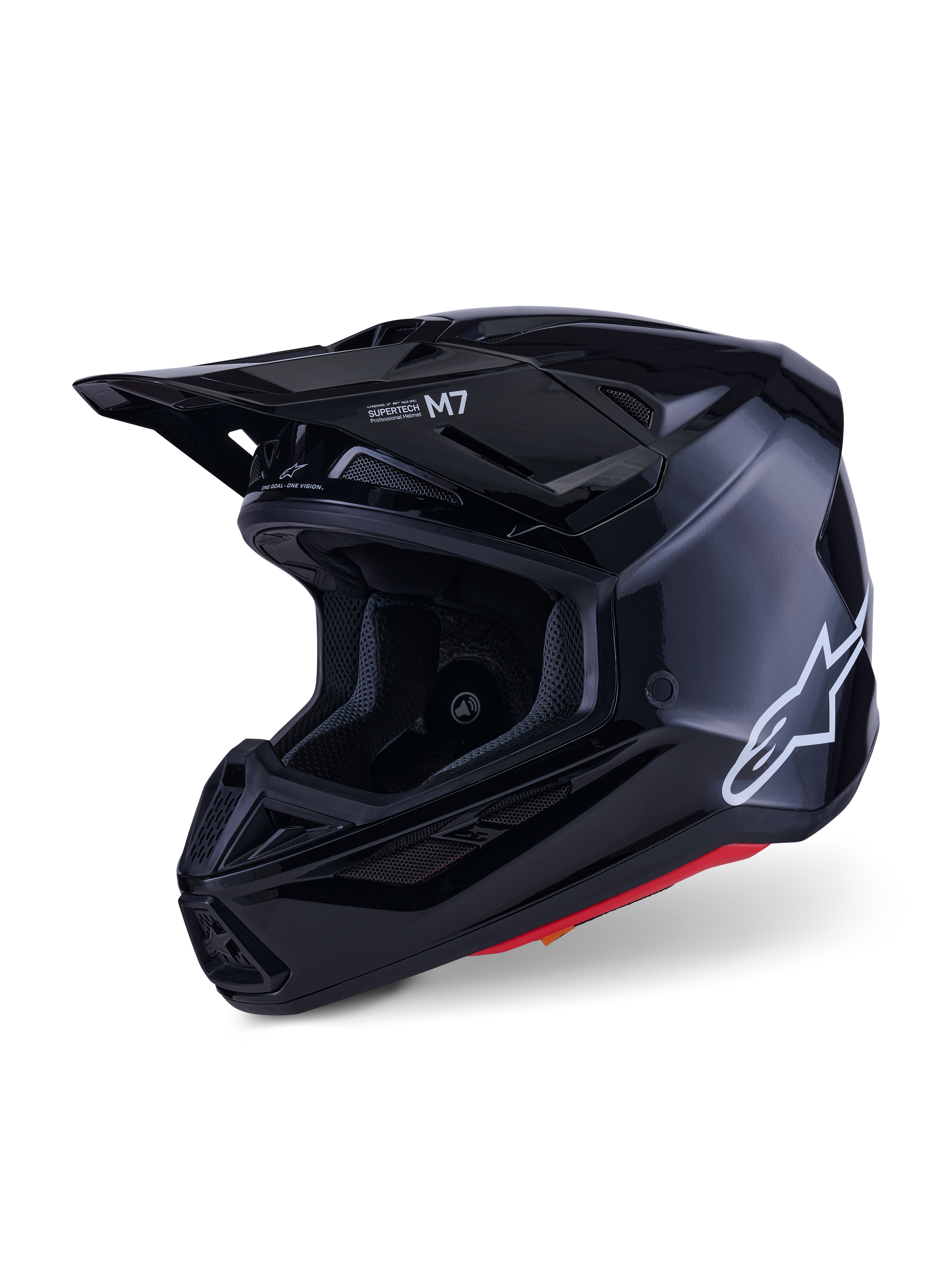 Alpinestars S-M7 Solid-hjelm, motocrosshjelm, blank sort, med hvidt Alpinestars-logo på siden, aerodynamisk visir og flere luftindtag til beskyttelse ved off-road racing