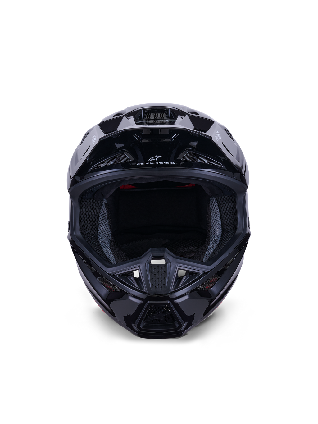 Alpinestars S-M7 Solid hjelm ECE 22.06, motocross-hjelm, sort blank, set forfra med fokus på den aerodynamiske kompositskal, ventilationsporte på hagebøjlen og indvendig mesh-polstring, strømlinet finish til off-road racing