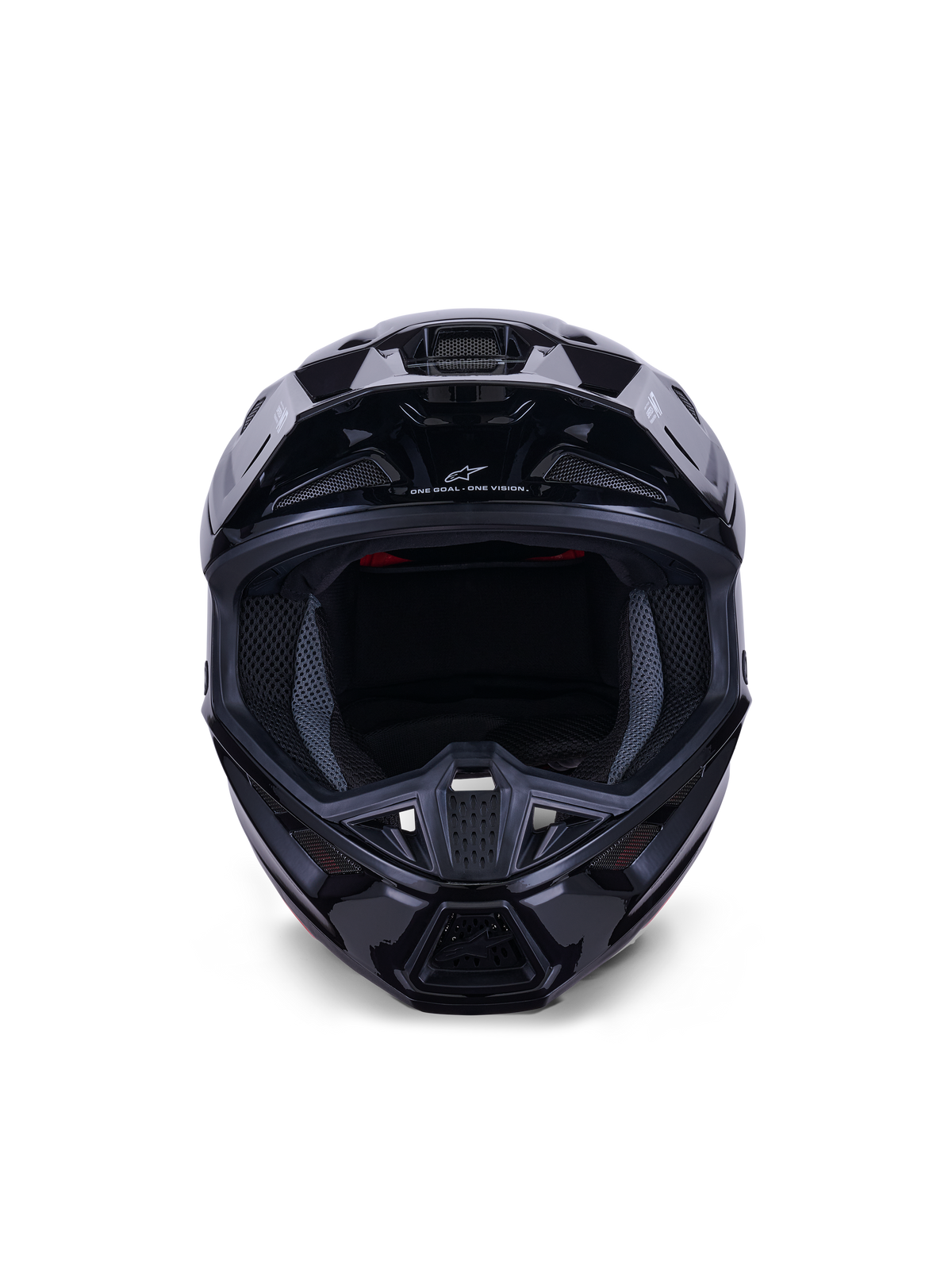Alpinestars S-M7 Solid hjelm ECE 22.06, motocross-hjelm, sort blank, set forfra med fokus på den aerodynamiske kompositskal, ventilationsporte på hagebøjlen og indvendig mesh-polstring, strømlinet finish til off-road racing