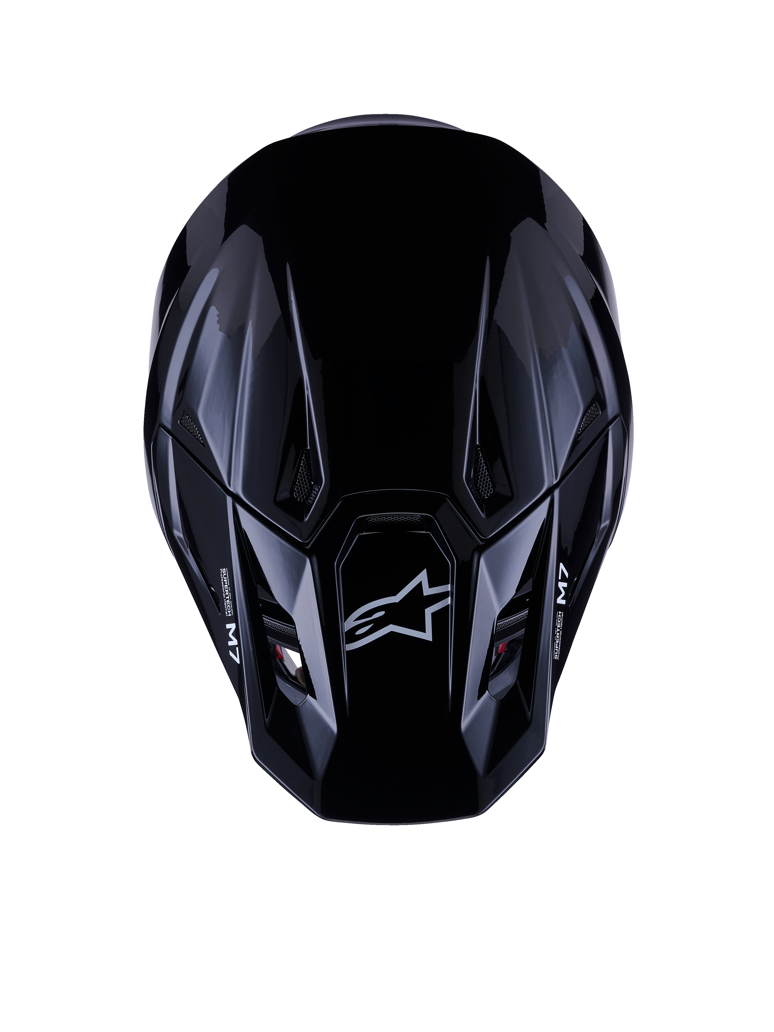 Alpinestars S-M7 Solid hjelm ECE 22.06, motocross-hjelm, blank sort, set fra toppen, aerodynamisk kompositskal med Astars-logo og M7-branding, strømlinet design med ventilationsporte til off-road racing