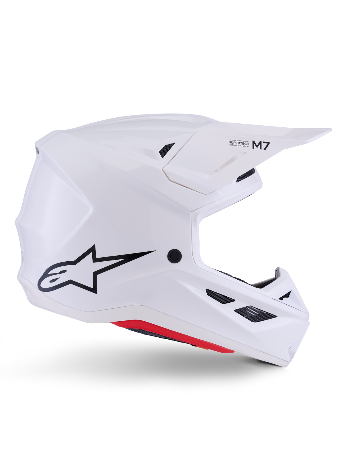 Alpinestars S-M7 Solid hjelm ECE 22.06, motocross-hjelm, hvid blank, aerodynamisk vinklet design med sorte ventilationsgitre, med sort stjerne-logo og M7-branding, professionel beskyttelse til off-road racing