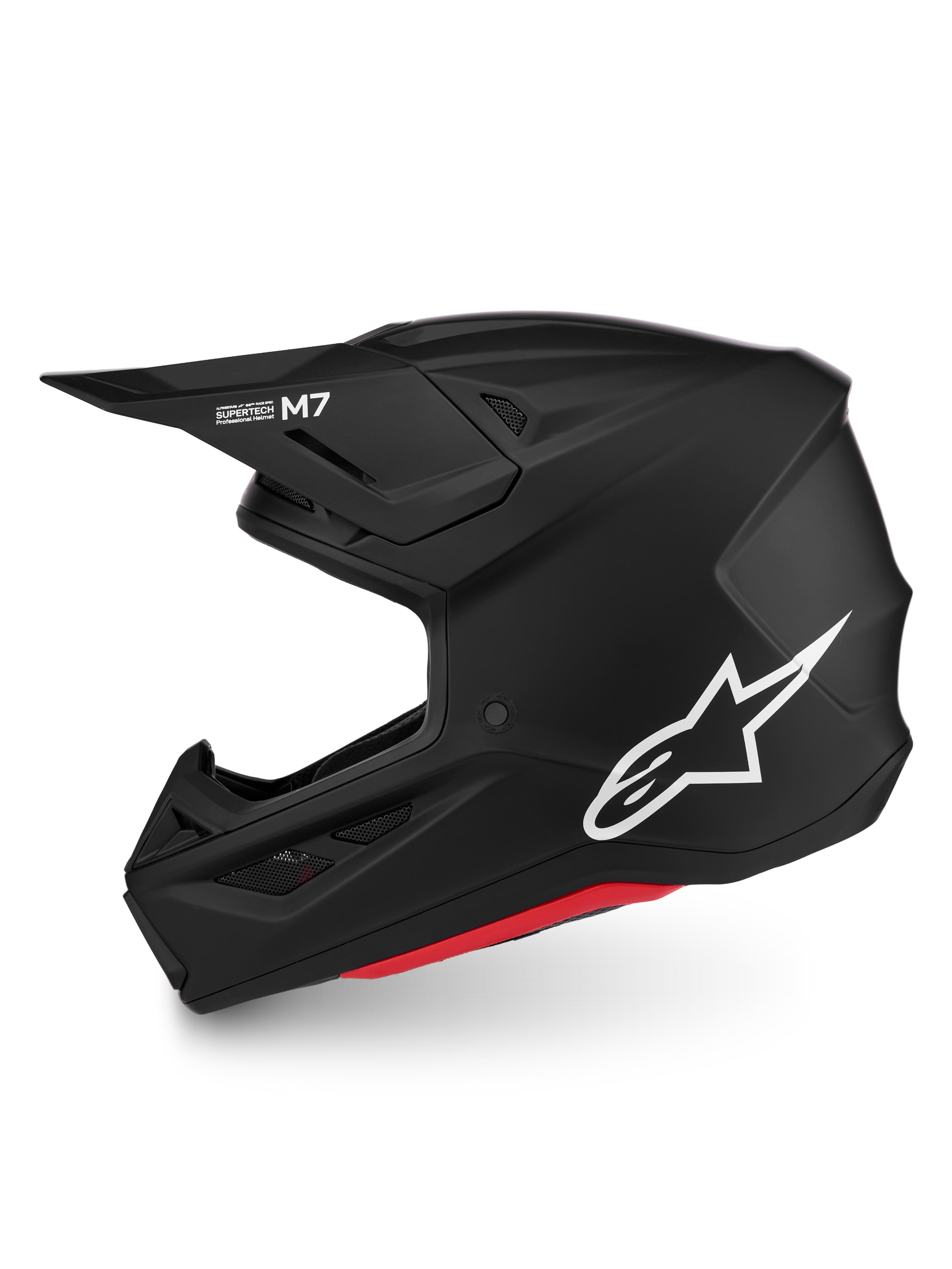 Alpinestars S-M7 Solid Helmet, Matte Black motocross helmet with white logo and aerodynamic shell, ECE 22.06 certified.