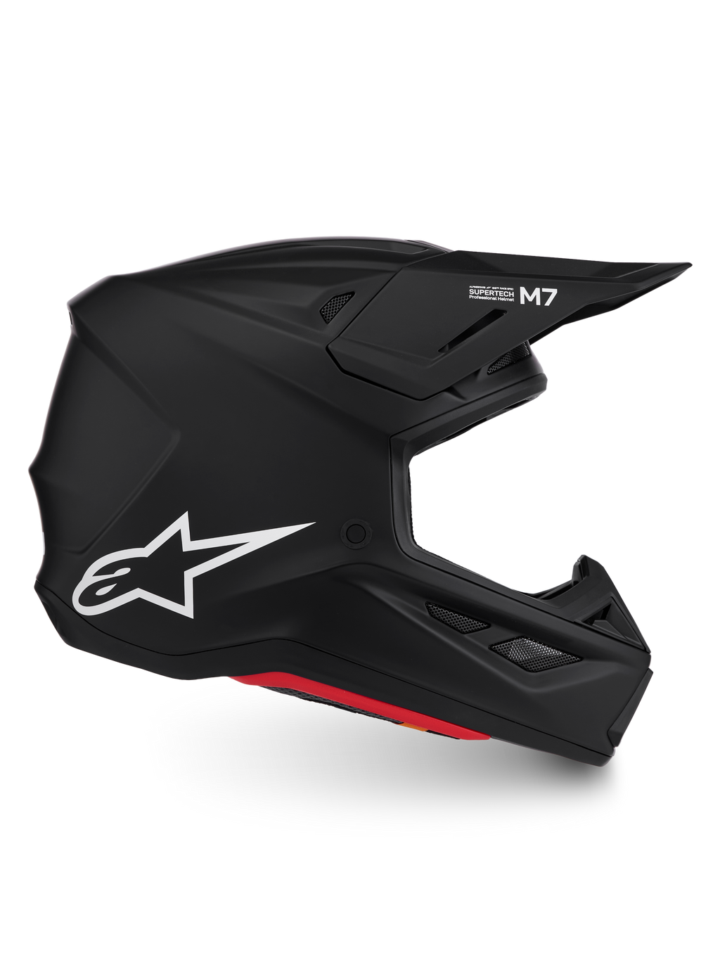 Alpinestars S-M7 Solid Helmet ECE06, Matte Black motocross helmet, streamlined composite shell, white Astar logo, ECE 22.06.