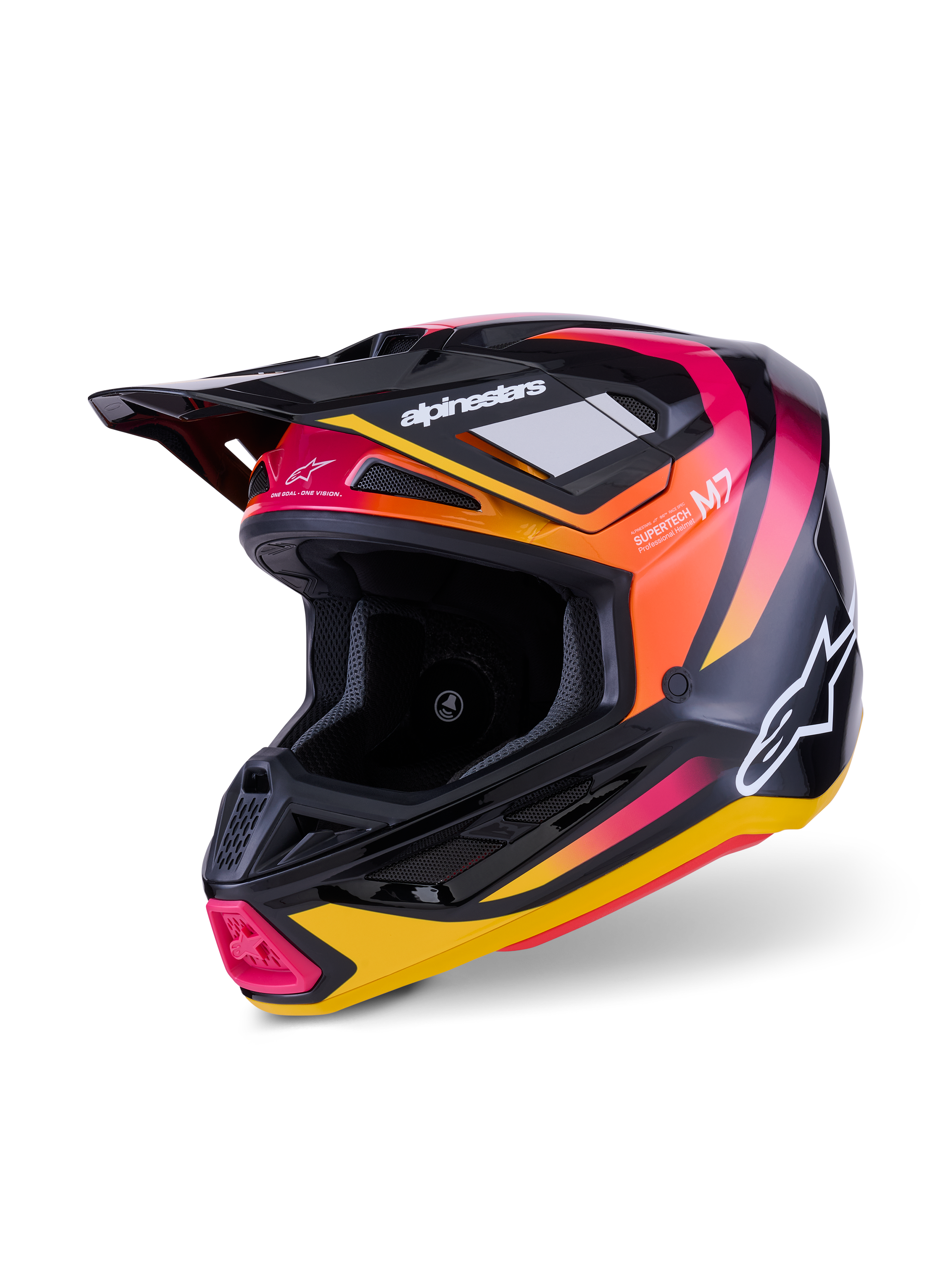 Alpinestars S-M7 Rise Helmet, Motocross Helmet, Black Yellow and Pink Glossy, featuring an aerodynamic composite shell with vibrant gradient graphics, white Alpinestars logos, and multiple ventilation ports for off-road racing.