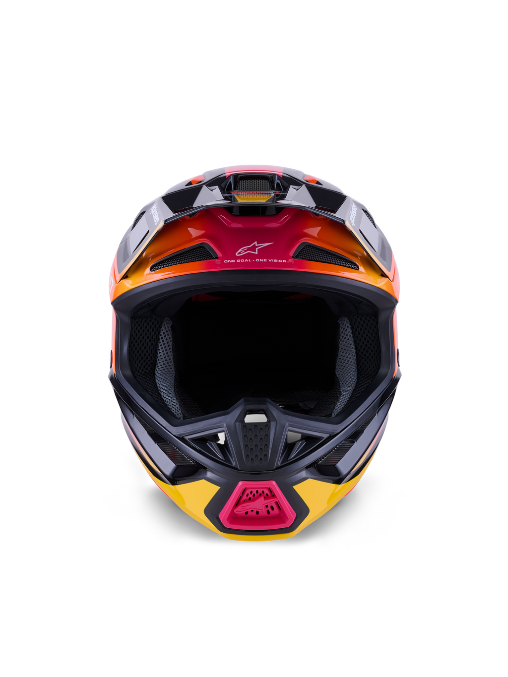 Alpinestars S-M7 Rise Helmet ECE 22.06, Motocross Helmet, Black Yellow and Pink Glossy with orange gradients, front-facing view showing aerodynamic composite shell, multiple intake vents with mesh, and 'One Goal. One Vision.' branding, designed for off-road racing.