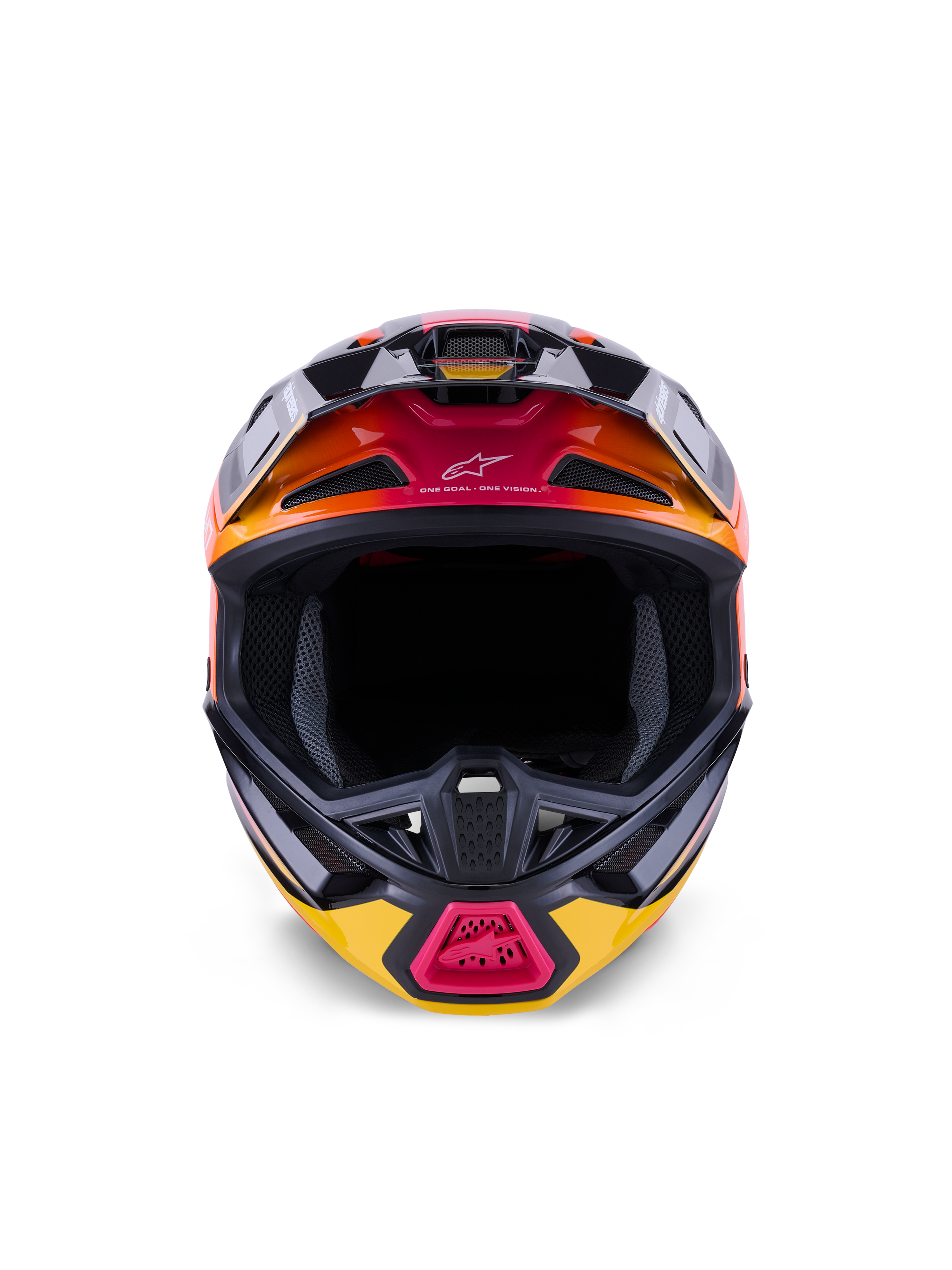 Alpinestars S-M7 Rise Helmet ECE 22.06, Motocross Helmet, Black Yellow and Pink Glossy with orange gradients, front-facing view showing aerodynamic composite shell, multiple intake vents with mesh, and 'One Goal. One Vision.' branding, designed for off-road racing.