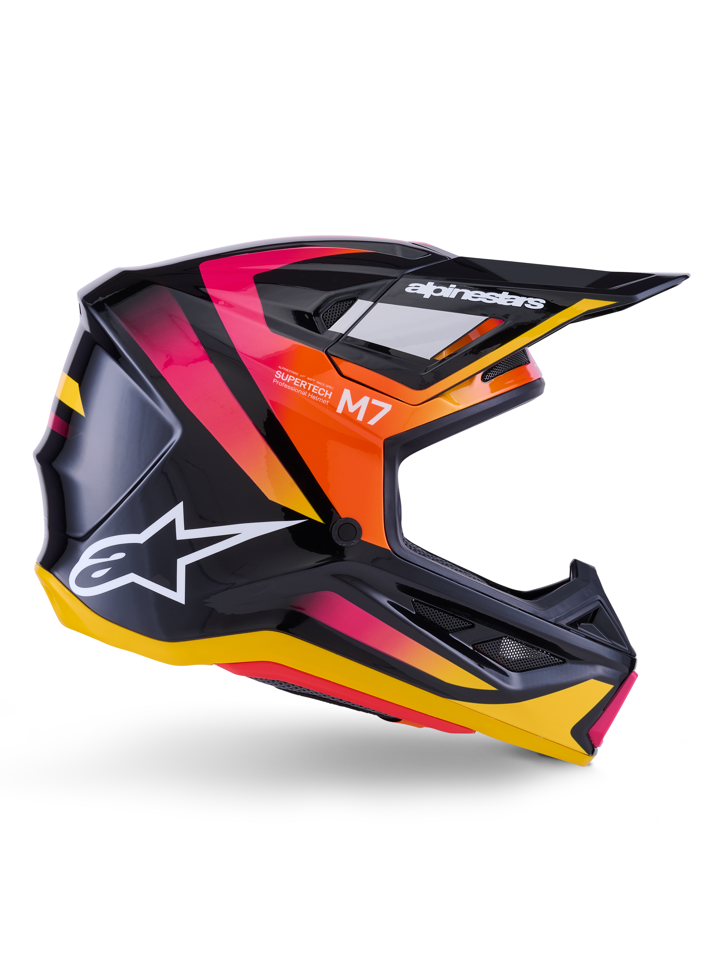 Alpinestars S-M7 Rise Helmet, Motocross Racing Helmet, Glossy Black with Pink, Orange, and Yellow Graphics, side profile view, featuring white Alpinestars logo and visor, aerodynamic shell with integrated ventilation ports