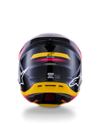 Alpinestars S-M7 Rise Helmet ECE 22.06, Motocross Helmet, Rear View, Glossy Black with Yellow and Pink accents, large white logos on sides, aerodynamic composite shell, off-road racing gear