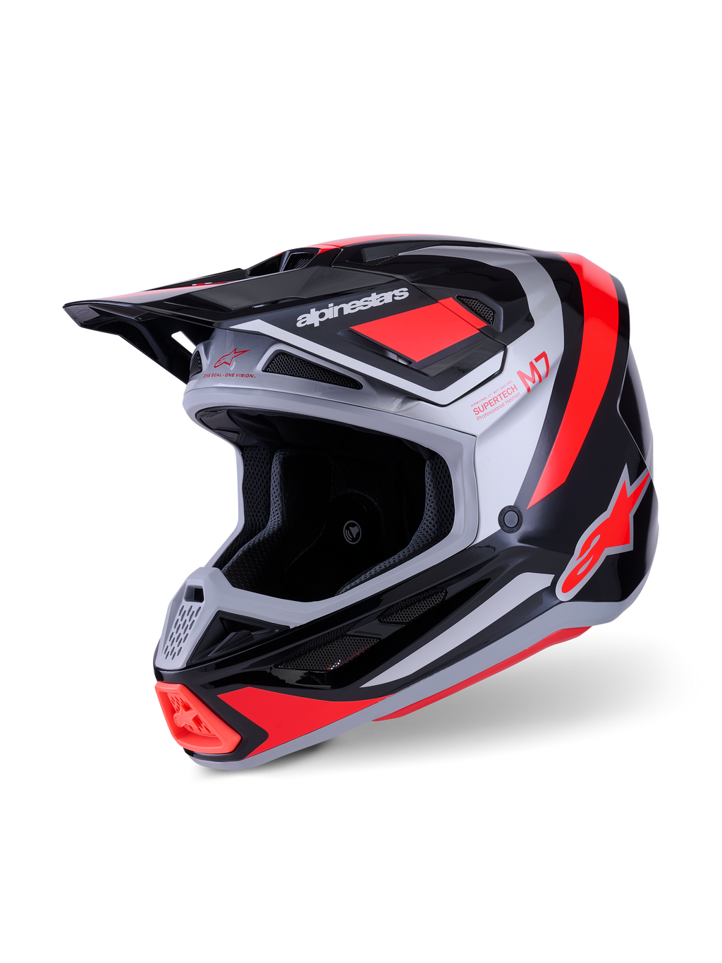 Alpinestars S-M7 Rise Helmet, Motocross Helmet, Black Silver and Red Fluo Glossy, aerodynamic composite shell with multiple ventilation ports, adjustable visor, and bold branding for off-road racing