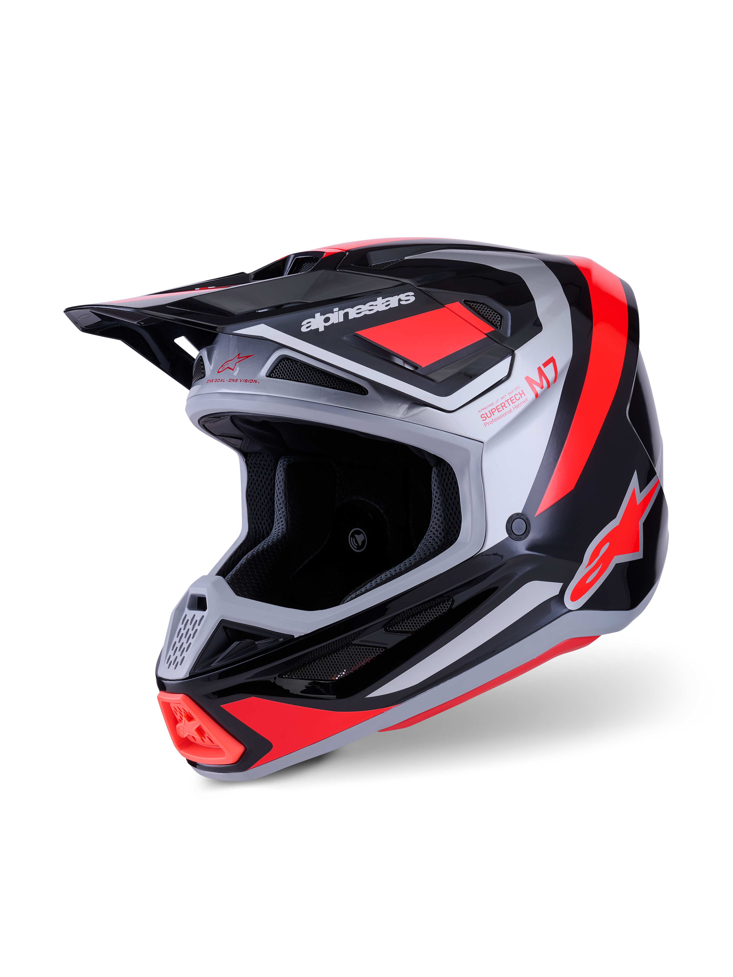 Alpinestars S-M7 Rise Helmet, Motocross Helmet, Black Silver and Red Fluo Glossy, aerodynamic composite shell with multiple ventilation ports, adjustable visor, and bold branding for off-road racing