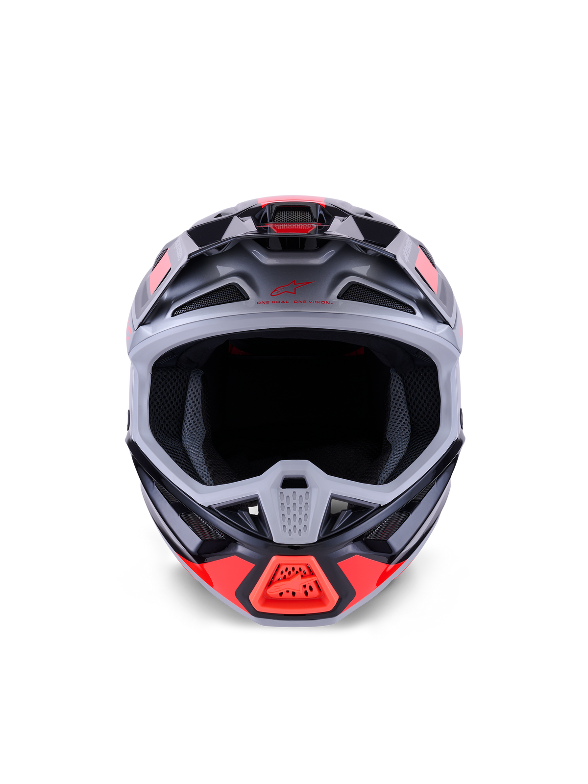 Alpinestars S-M7 Rise hjelm, motocrosshjelm, sort, sølv og rød fluo blank, set forfra, viser aerodynamisk kompositskal, adskillige luftindtag og stor åbning til briller, udviklet til off-road racerbeskyttelse.