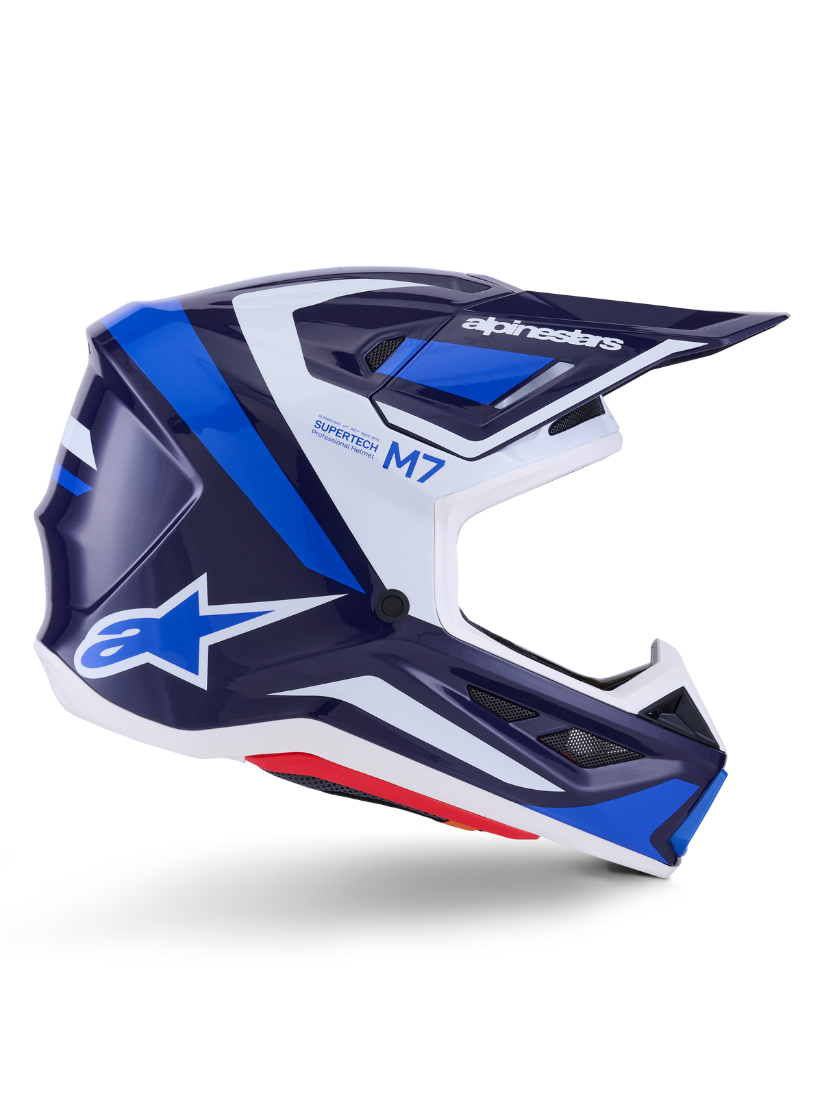Alpinestars S-M7 Rise hjelm, motocross racinghjelm, blå og hvid blank, sideprofil med en aerodynamisk kompositskal, ventileret visir og kantet design med tydelig branding, professionel off-road beskyttelse