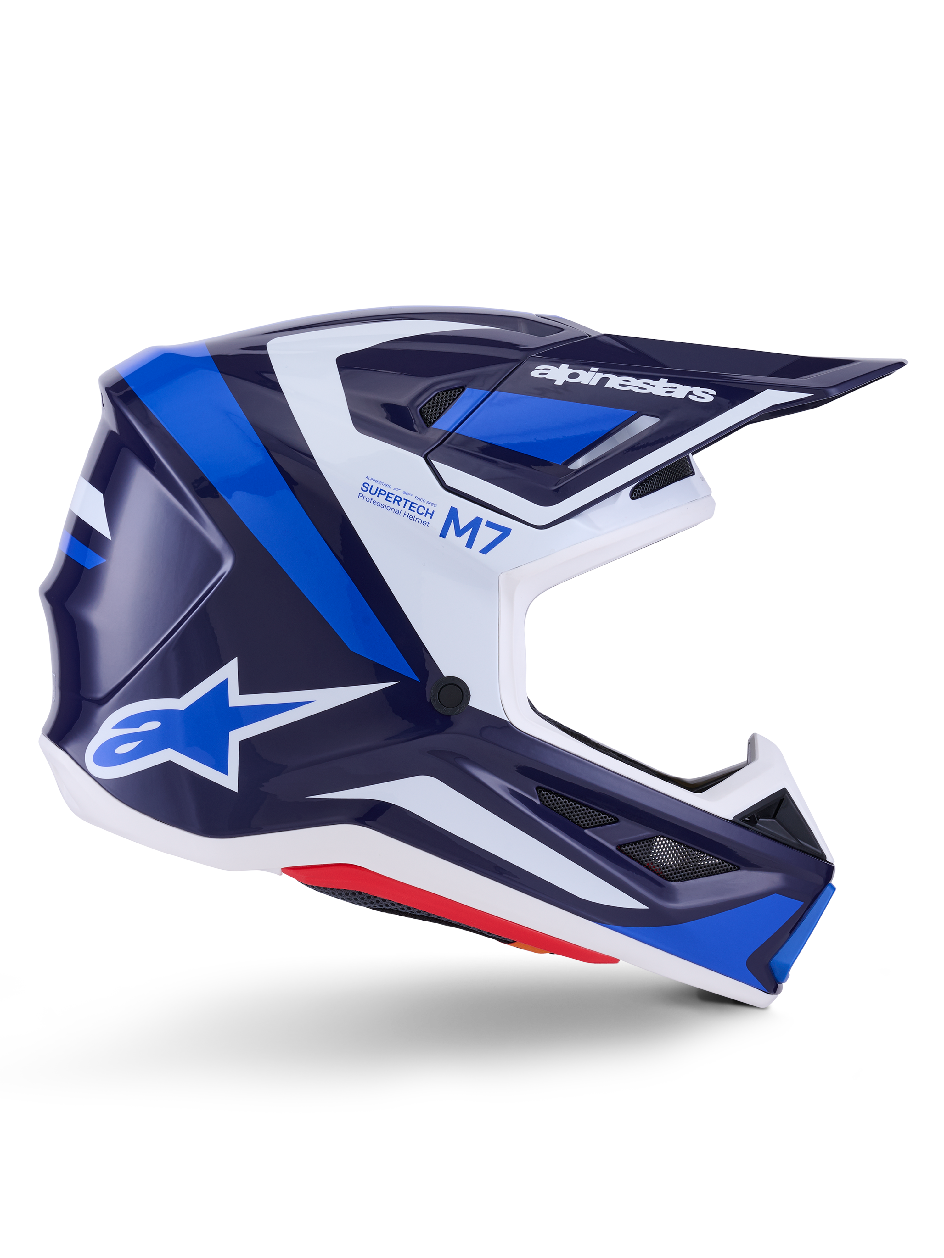 Alpinestars S-M7 Rise Helmet, Motocross Racing Helmet, Blue and White Glossy, side profile featuring an aerodynamic composite shell, ventilated visor, and angular design with bold branding, professional off-road protection