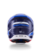 Alpinestars S-M7 Rise Helmet, Back View, Blue and White Glossy, featuring Alpinestars logo and SM7 branding, aerodynamic composite shell with white lower section and ventilation ports, high-performance motocross head protection