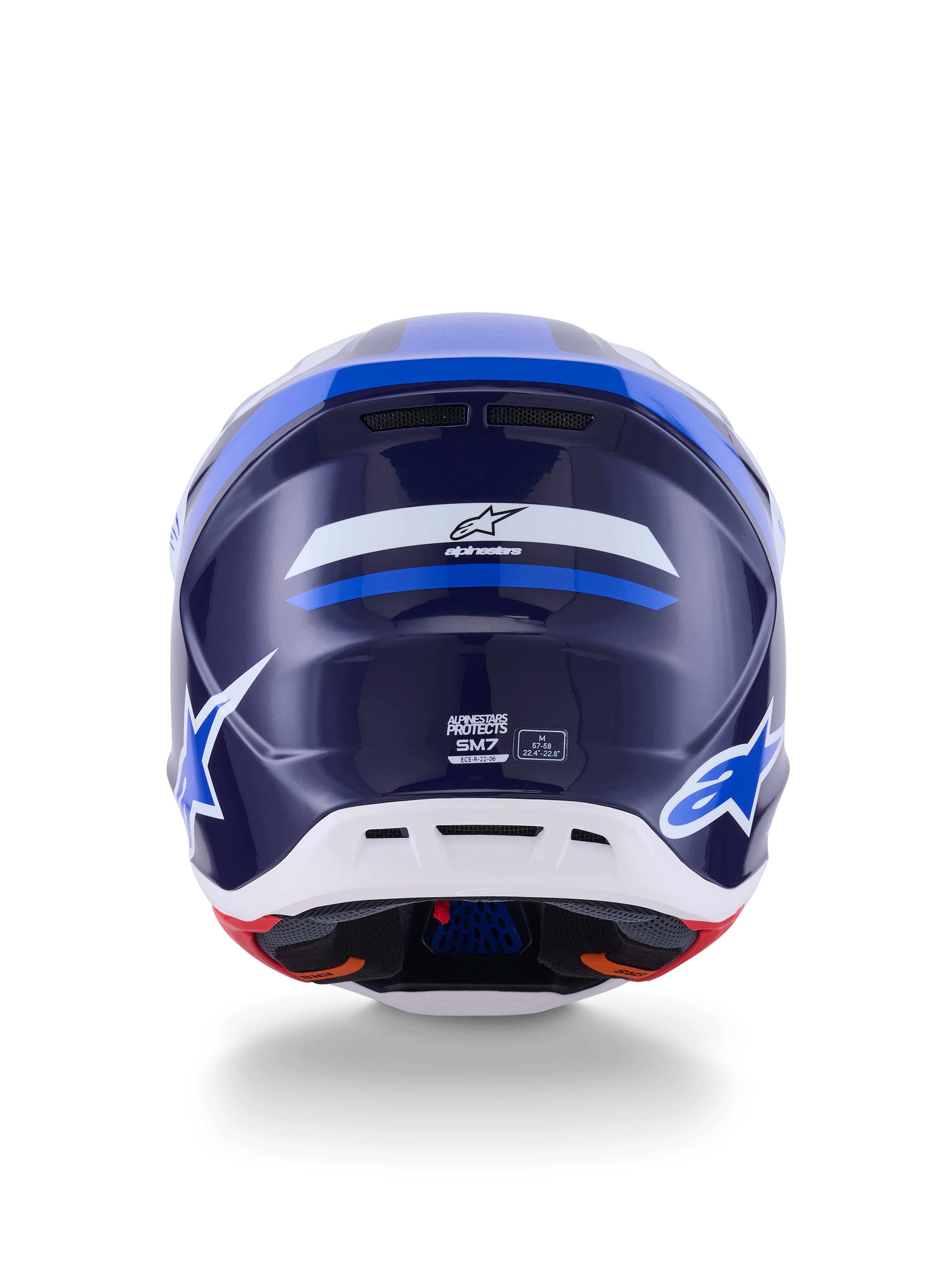 Alpinestars S-M7 Rise Helmet, Back View, Blue and White Glossy, featuring Alpinestars logo and SM7 branding, aerodynamic composite shell with white lower section and ventilation ports, high-performance motocross head protection