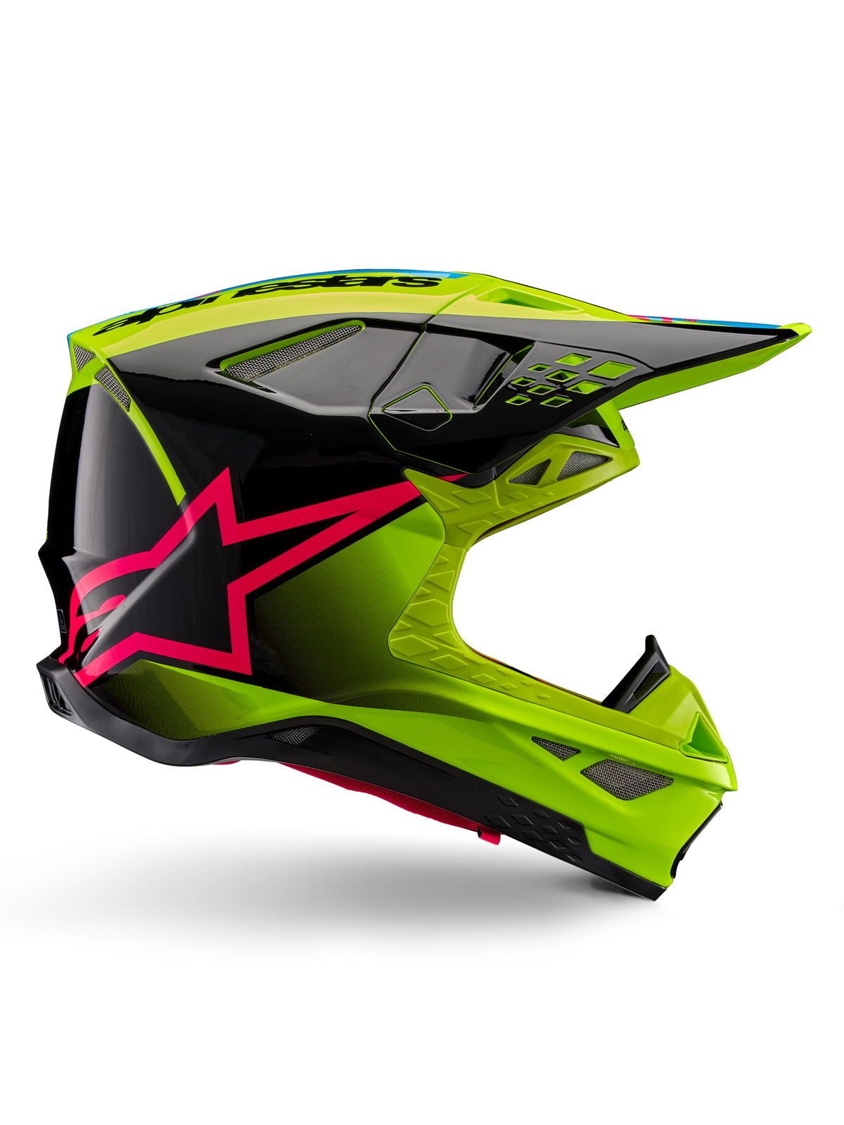 Alpinestars Supertech M10 Unite hjelm, motocross-racerhjelm, neongul og sort med pink stjerne-grafik, blankt aerodynamisk design med flere ventilationsåbninger, ECE 22.06-certificeret