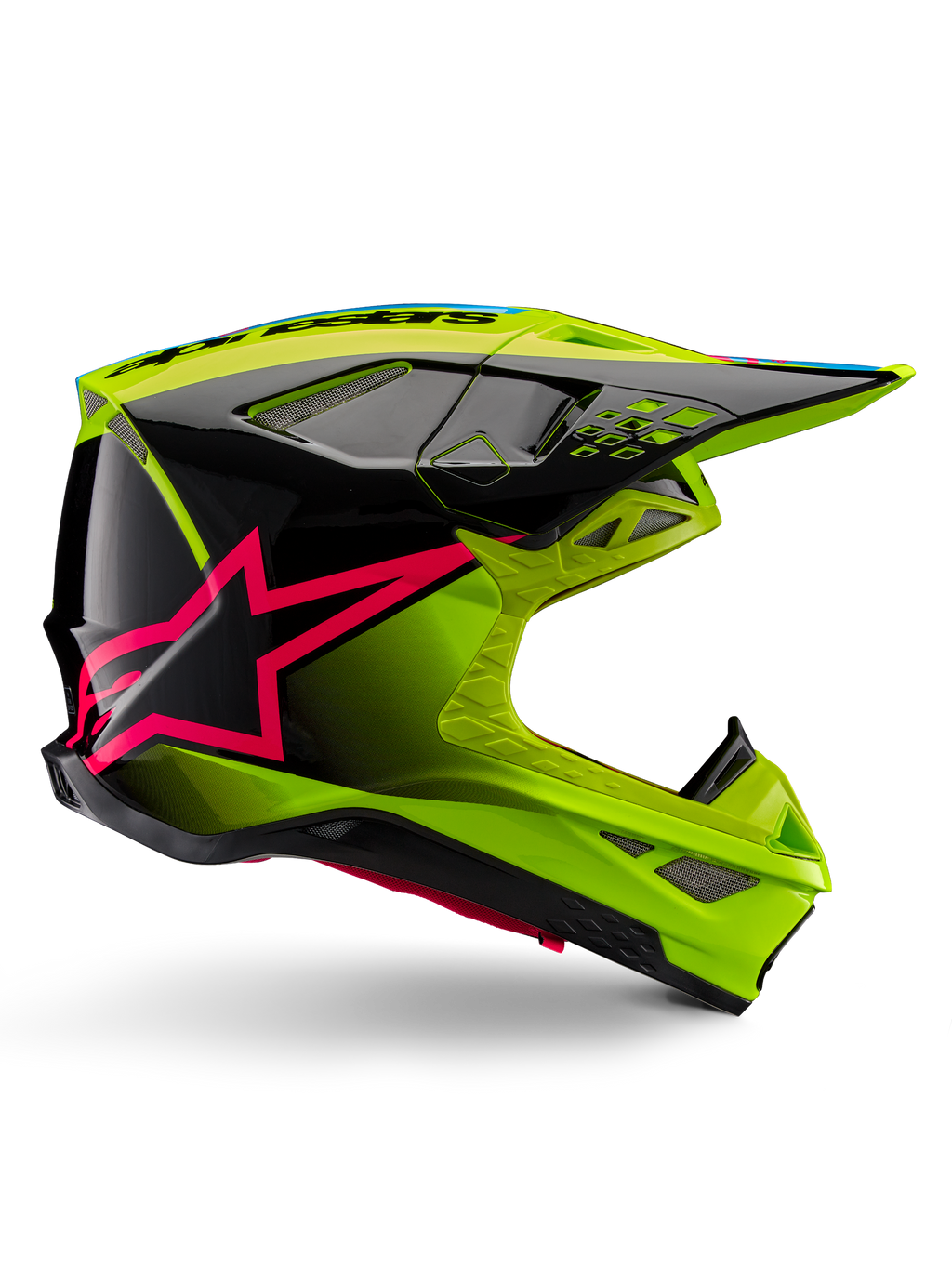 Alpinestars Supertech M10 Unite hjelm, motocross-racerhjelm, neongul og sort med pink stjerne-grafik, blankt aerodynamisk design med flere ventilationsåbninger, ECE 22.06-certificeret