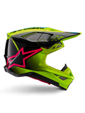 Alpinestars Supertech M10 Unite hjelm, motocross-racerhjelm, neongul og sort med pink stjerne-grafik, blankt aerodynamisk design med flere ventilationsåbninger, ECE 22.06-certificeret