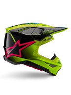 Alpinestars Supertech M10 Unite hjelm, motocross-racerhjelm, neongul og sort med pink stjerne-grafik, blankt aerodynamisk design med flere ventilationsåbninger, ECE 22.06-certificeret