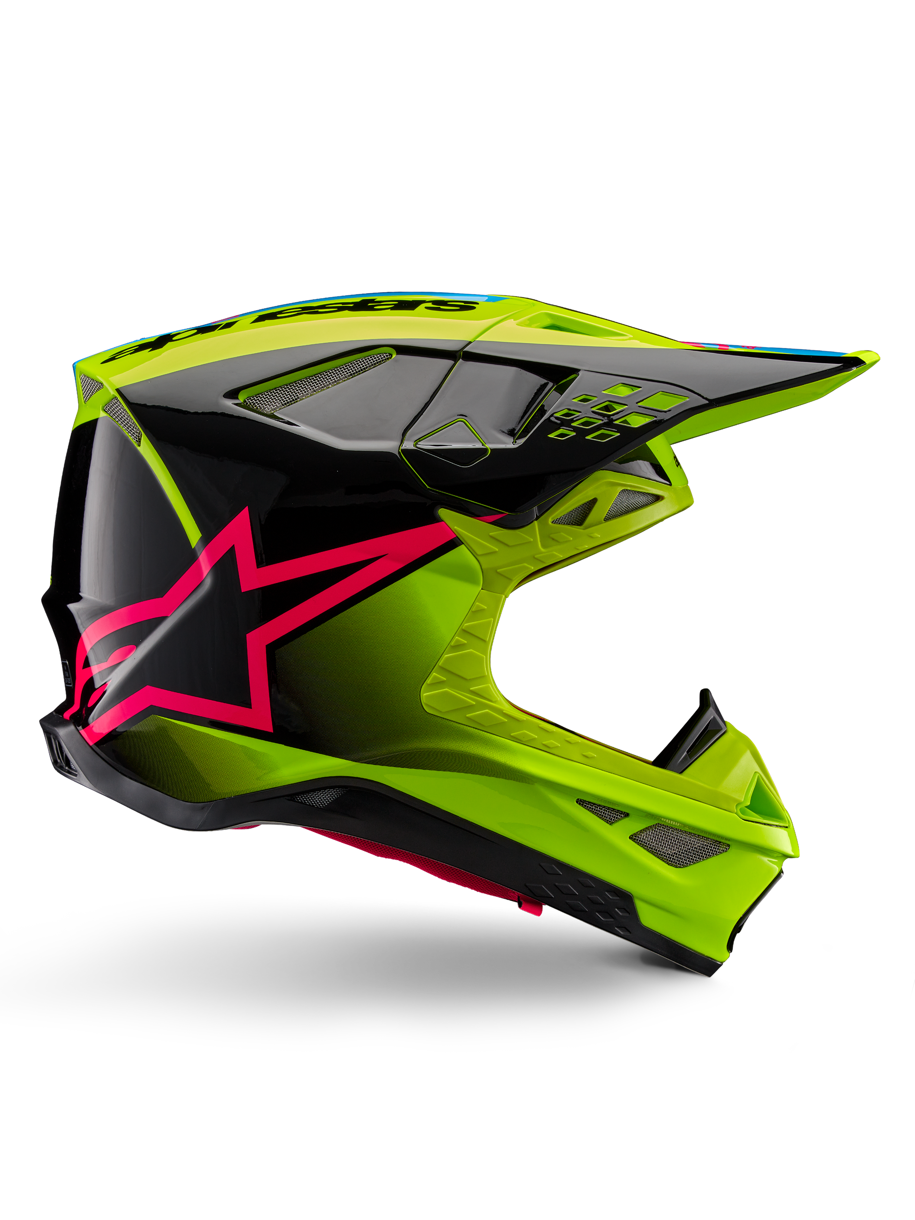 Alpinestars Supertech M10 Unite hjelm, motocross-racerhjelm, neongul og sort med pink stjerne-grafik, blankt aerodynamisk design med flere ventilationsåbninger, ECE 22.06-certificeret