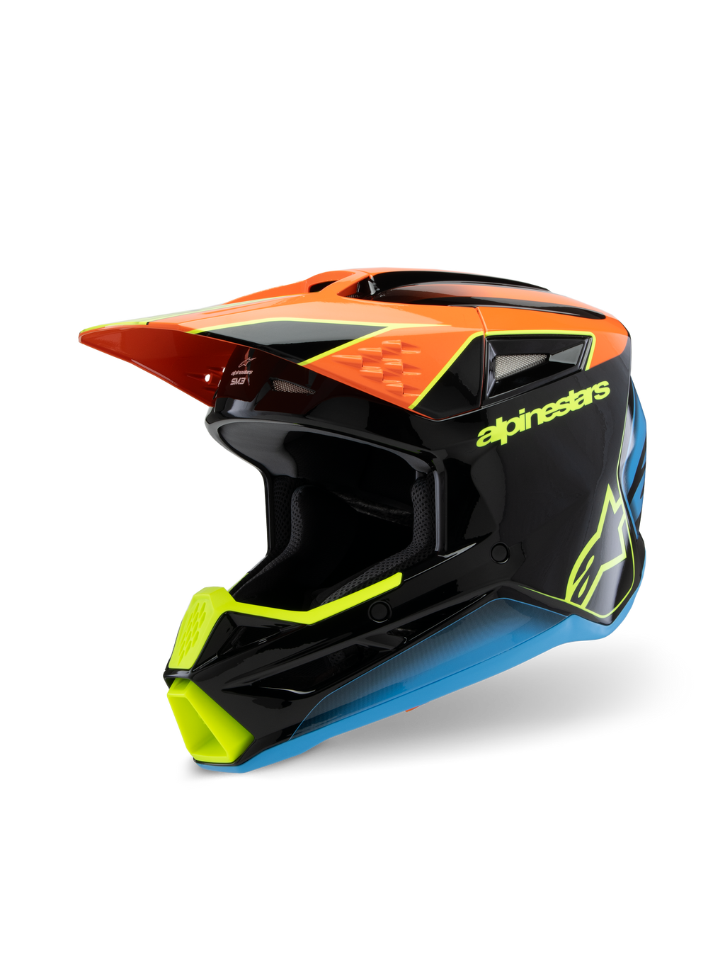 Alpinestars S-M3 Youth Fray hjelm, motocross-hjelm, sort, orange, gul og blå, med blank finish, aerodynamisk visir og markant branding til off-road kørsel for unge