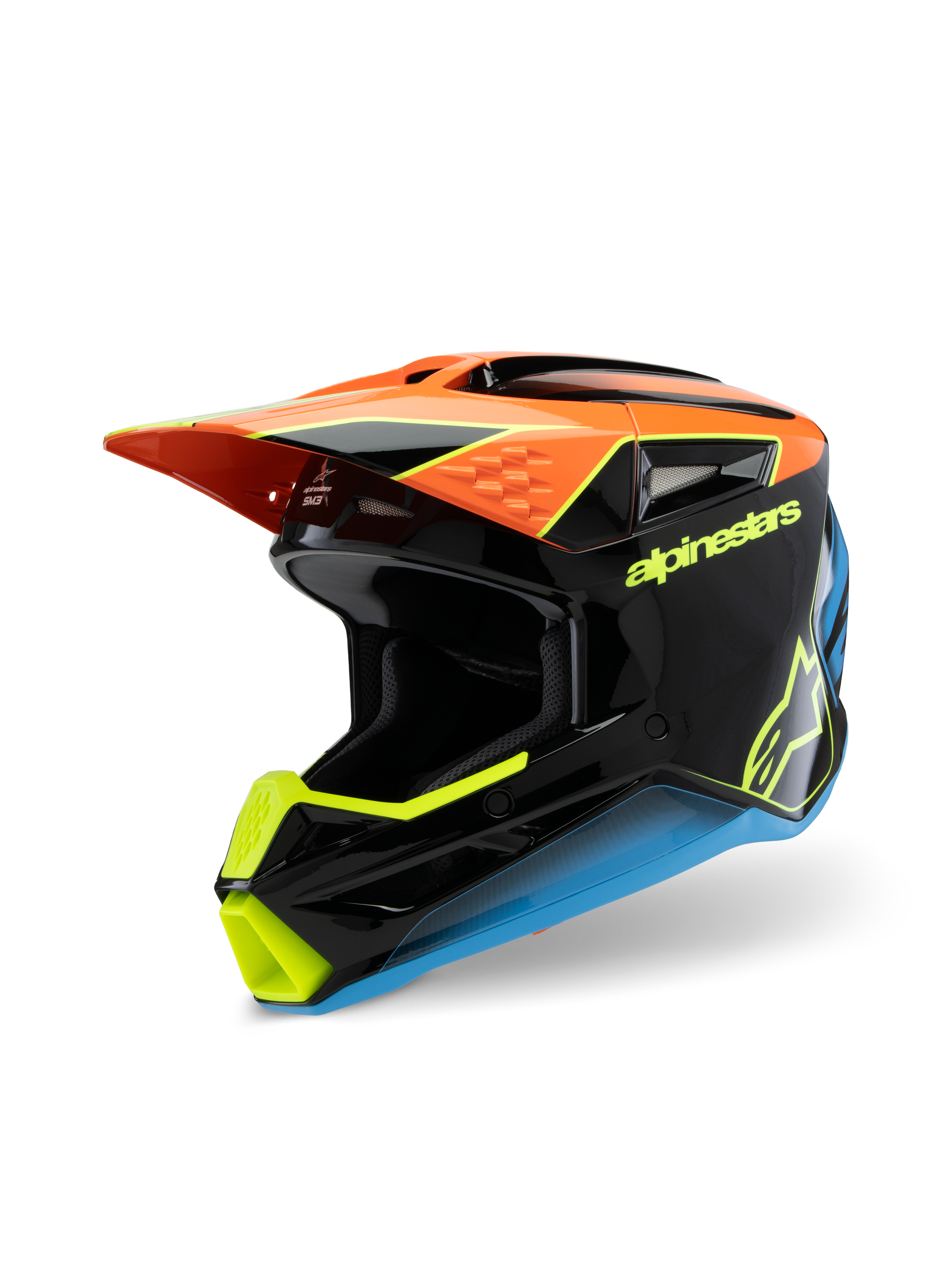 Alpinestars S-M3 Youth Fray hjelm, motocross-hjelm, sort, orange, gul og blå, med blank finish, aerodynamisk visir og markant branding til off-road kørsel for unge