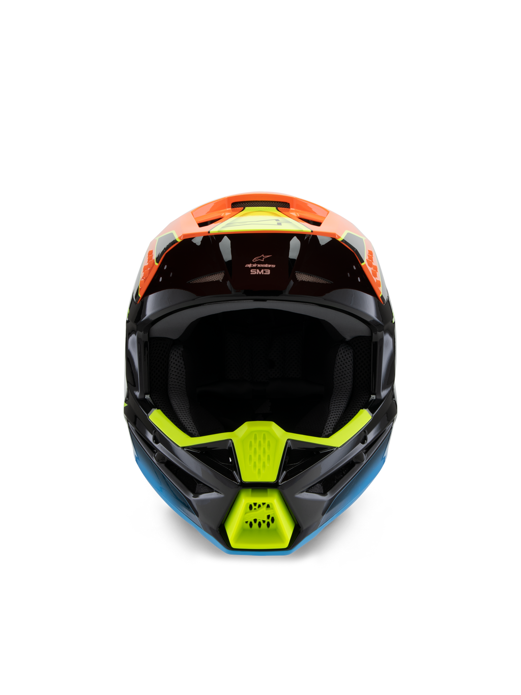 Alpinestars S-M3 Youth Fray hjelm, set forfra, sort motocrosshjelm med orange, fluoriserende gul og blå grafik, designet til off-road racing til unge
