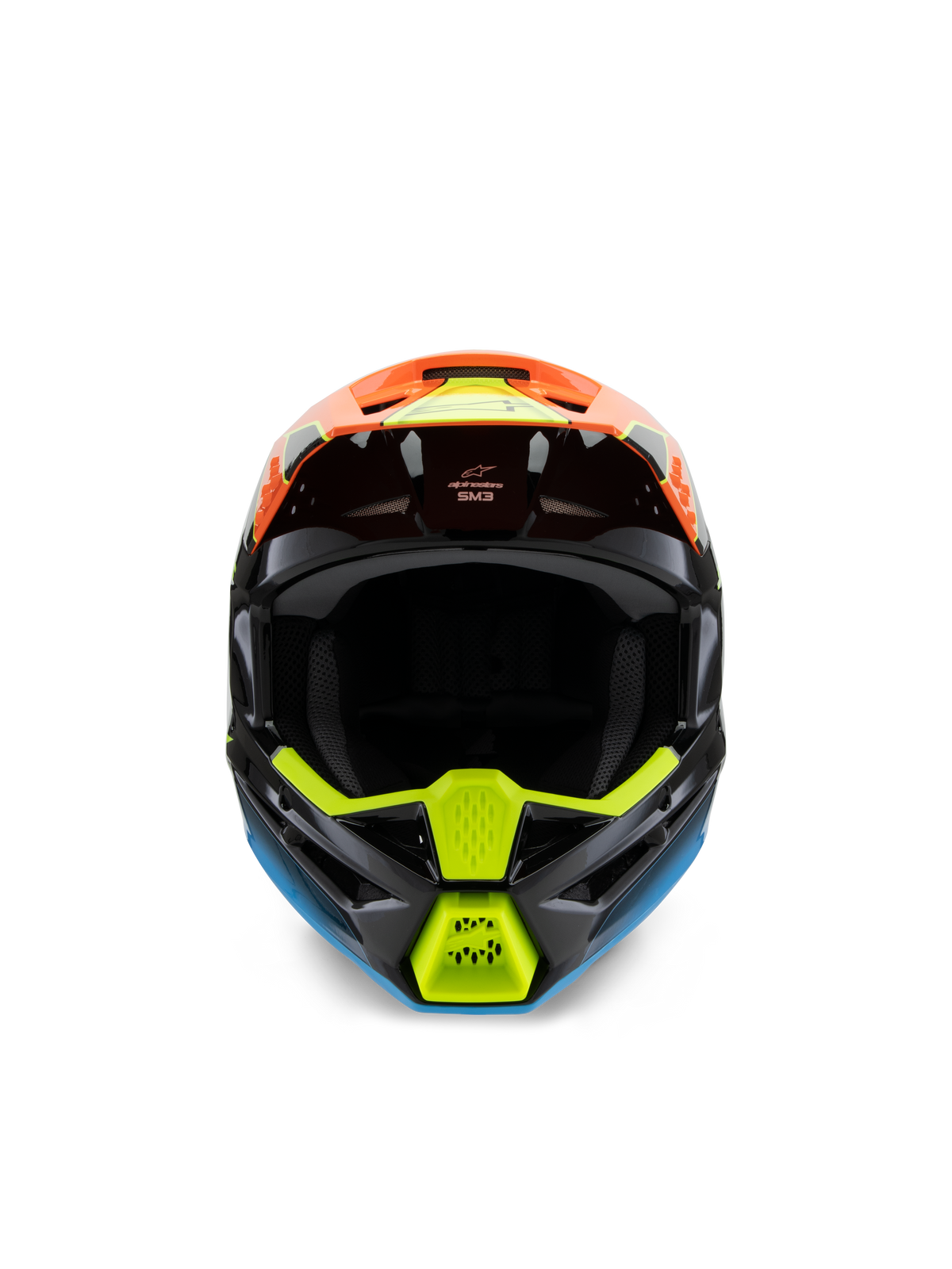 Alpinestars S-M3 Youth Fray hjelm, set forfra, sort motocrosshjelm med orange, fluoriserende gul og blå grafik, designet til off-road racing til unge
