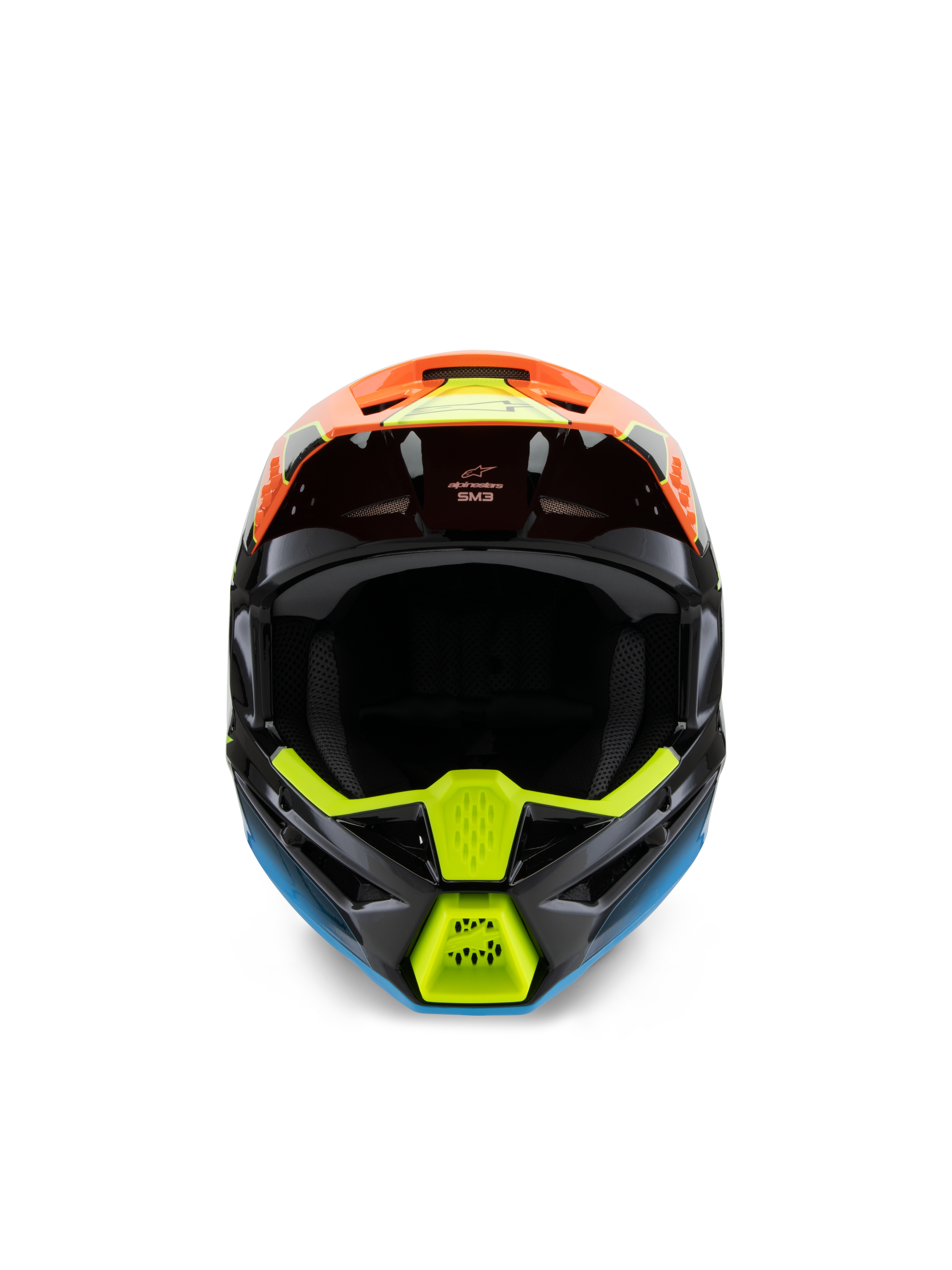 Alpinestars S-M3 Youth Fray hjelm, set forfra, sort motocrosshjelm med orange, fluoriserende gul og blå grafik, designet til off-road racing til unge