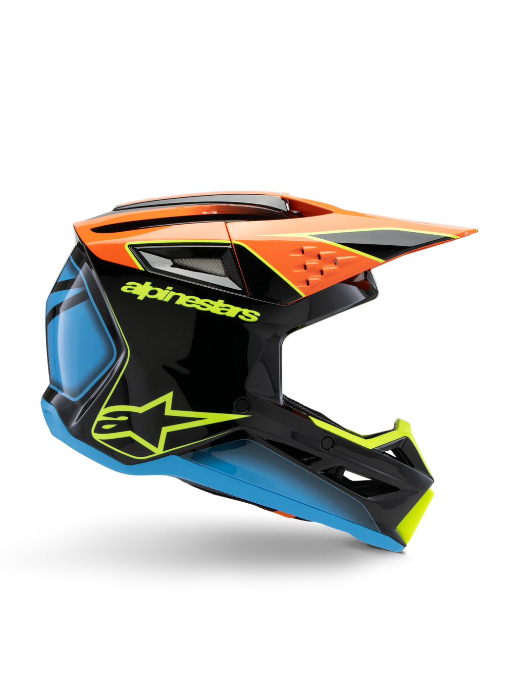 Alpinestars S-M3 Youth Fray-hjelm, motocross-hjelm til unge, sort med orange, blå og fluorescerende gule detaljer, sideprofil med aerodynamisk design, ventilationshuller og skarp skygge, blank finish med markant gult logo