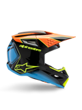 Alpinestars S-M3 Youth Fray-hjelm, motocross-hjelm til unge, sort med orange, blå og fluorescerende gule detaljer, sideprofil med aerodynamisk design, ventilationshuller og skarp skygge, blank finish med markant gult logo