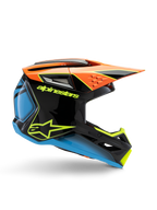 Alpinestars S-M3 Youth Fray-hjelm, motocross-hjelm til unge, sort med orange, blå og fluorescerende gule detaljer, sideprofil med aerodynamisk design, ventilationshuller og skarp skygge, blank finish med markant gult logo