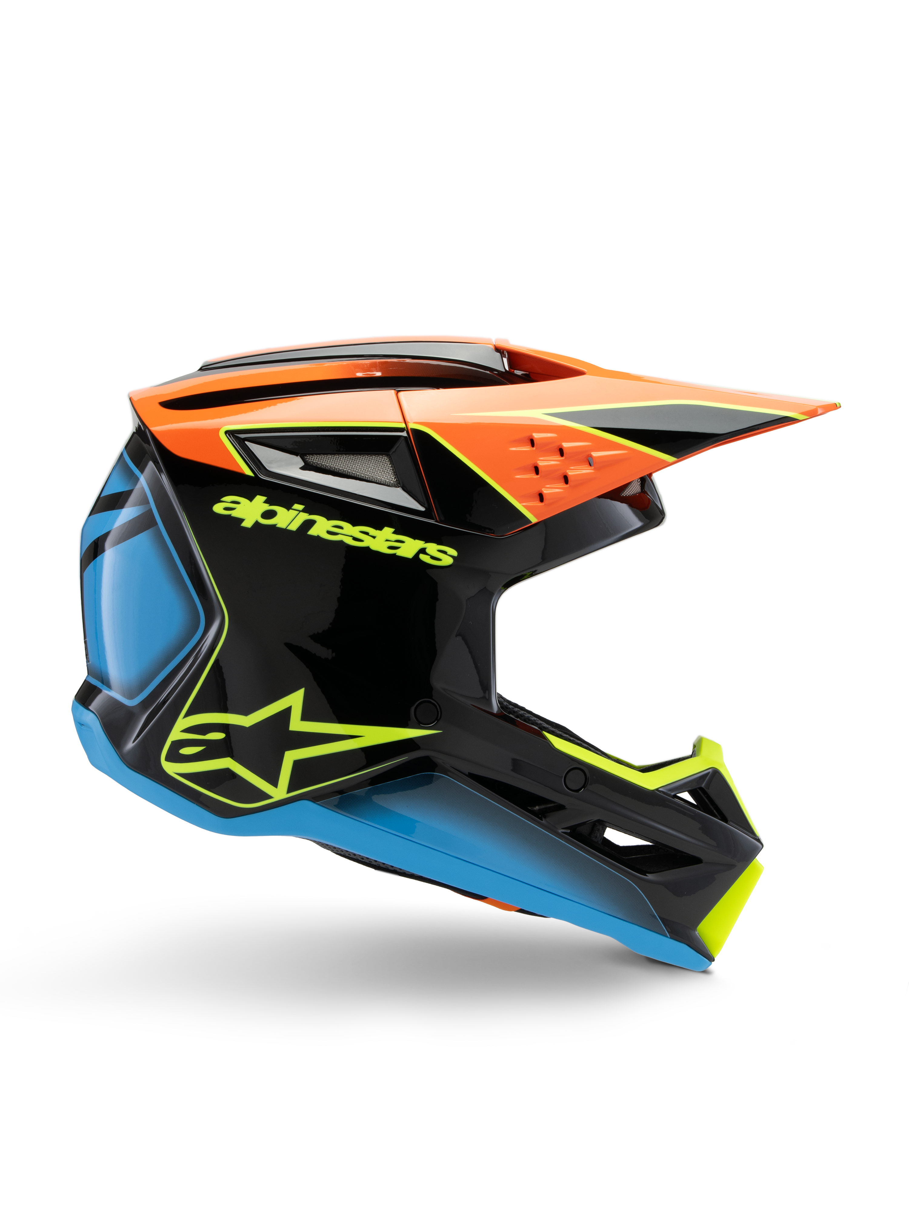 Alpinestars S-M3 Youth Fray-hjelm, motocross-hjelm til unge, sort med orange, blå og fluorescerende gule detaljer, sideprofil med aerodynamisk design, ventilationshuller og skarp skygge, blank finish med markant gult logo
