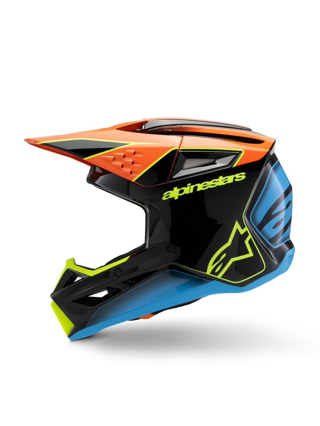 Alpinestars S-M3 Youth Fray hjelm, motocrosshjelm, sort med orange, gule og blå detaljer, sideprofil, med markant Alpinestars-branding, aggressiv styling med et stort visir og ventilationsporte, højglansbeskyttelsesudstyr til unge off-road-ryttere