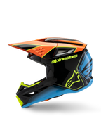 Alpinestars S-M3 Youth Fray hjelm, motocrosshjelm, sort med orange, gule og blå detaljer, sideprofil, med markant Alpinestars-branding, aggressiv styling med et stort visir og ventilationsporte, højglansbeskyttelsesudstyr til unge off-road-ryttere