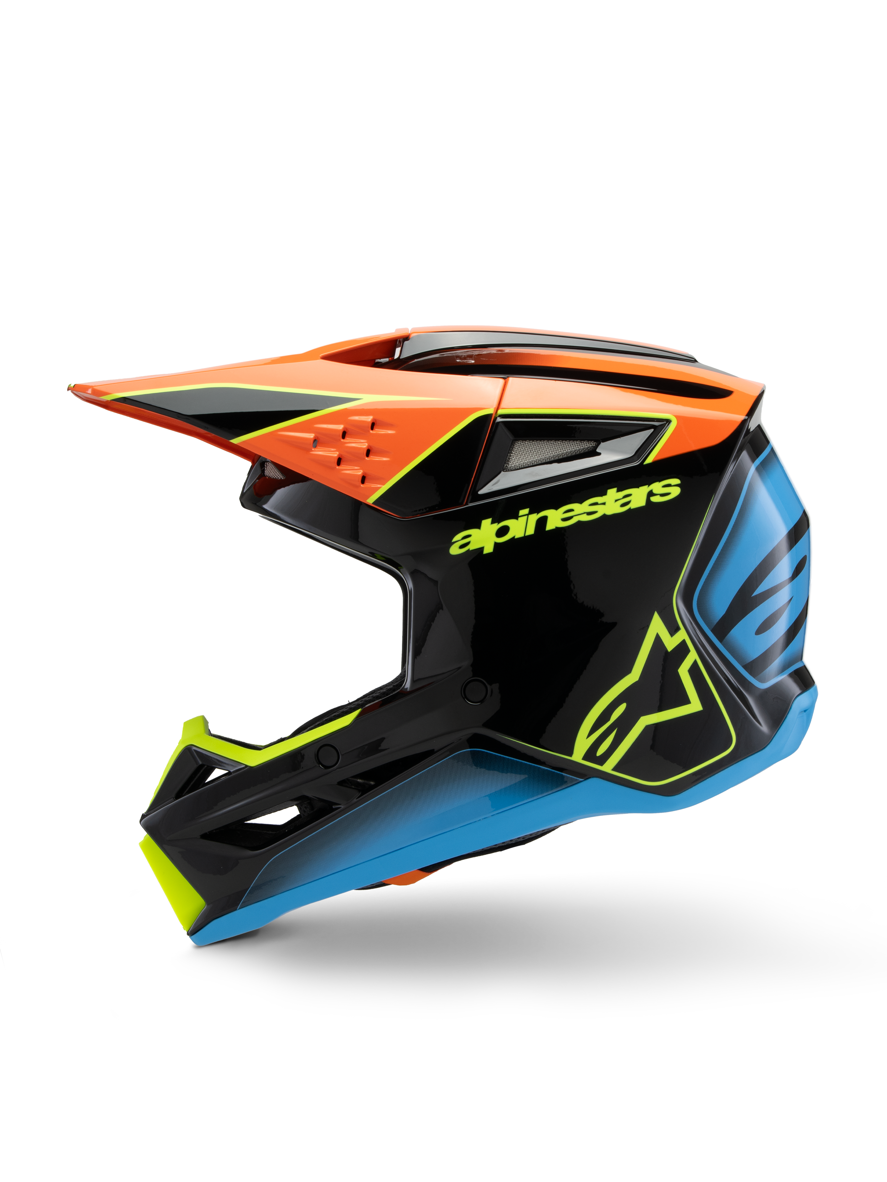 Alpinestars S-M3 Youth Fray hjelm, motocrosshjelm, sort med orange, gule og blå detaljer, sideprofil, med markant Alpinestars-branding, aggressiv styling med et stort visir og ventilationsporte, højglansbeskyttelsesudstyr til unge off-road-ryttere