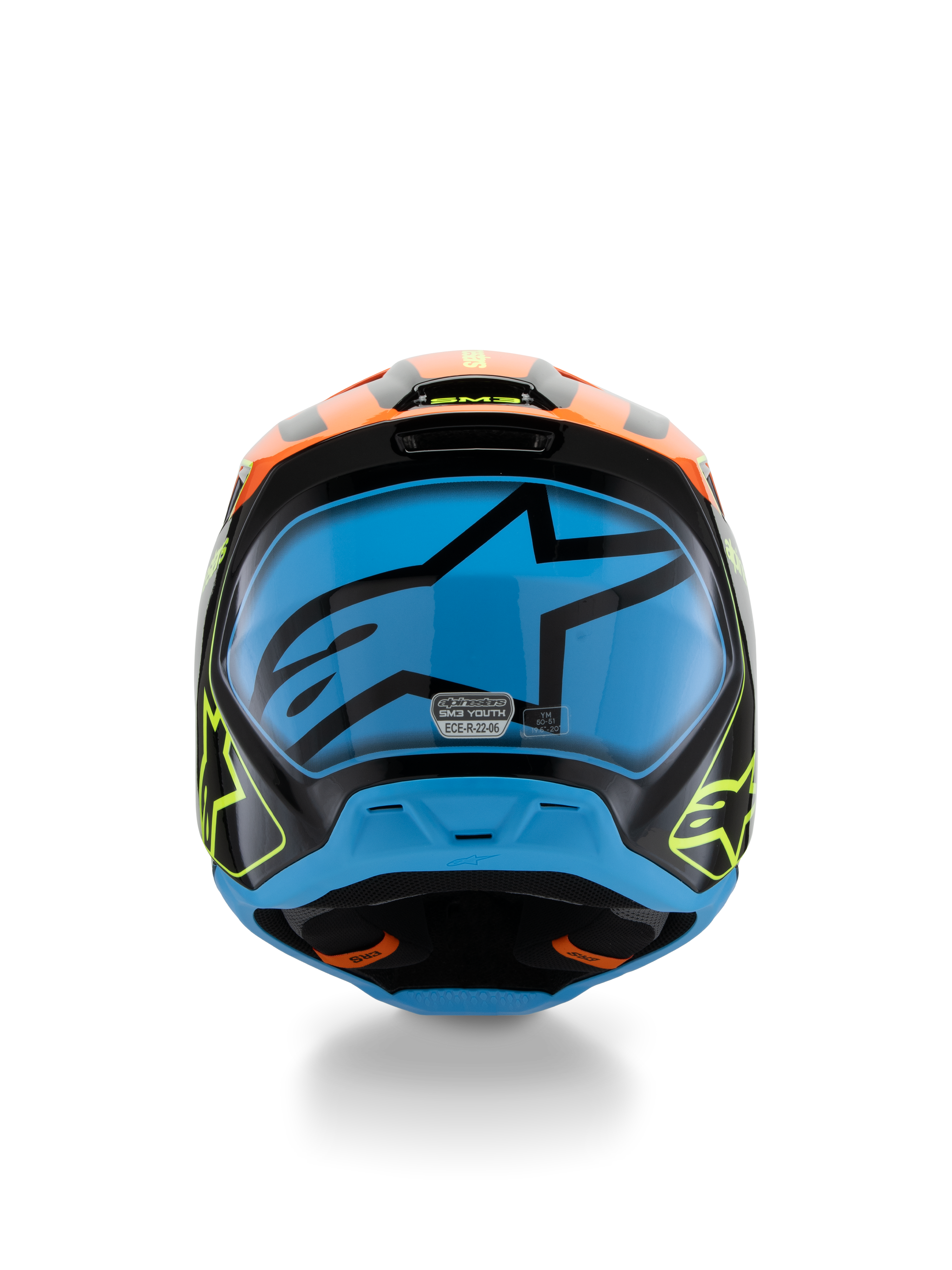 Alpinestars S-M3 Youth Fray hjelm, motocross-hjelm, sort med orange og fluorescerende gule detaljer og en stor blå grafik på bagsiden, set bagfra med ventilationsåbninger og ECE 22.06-certificeringsmærkat, designet til off-road kørsel til unge.