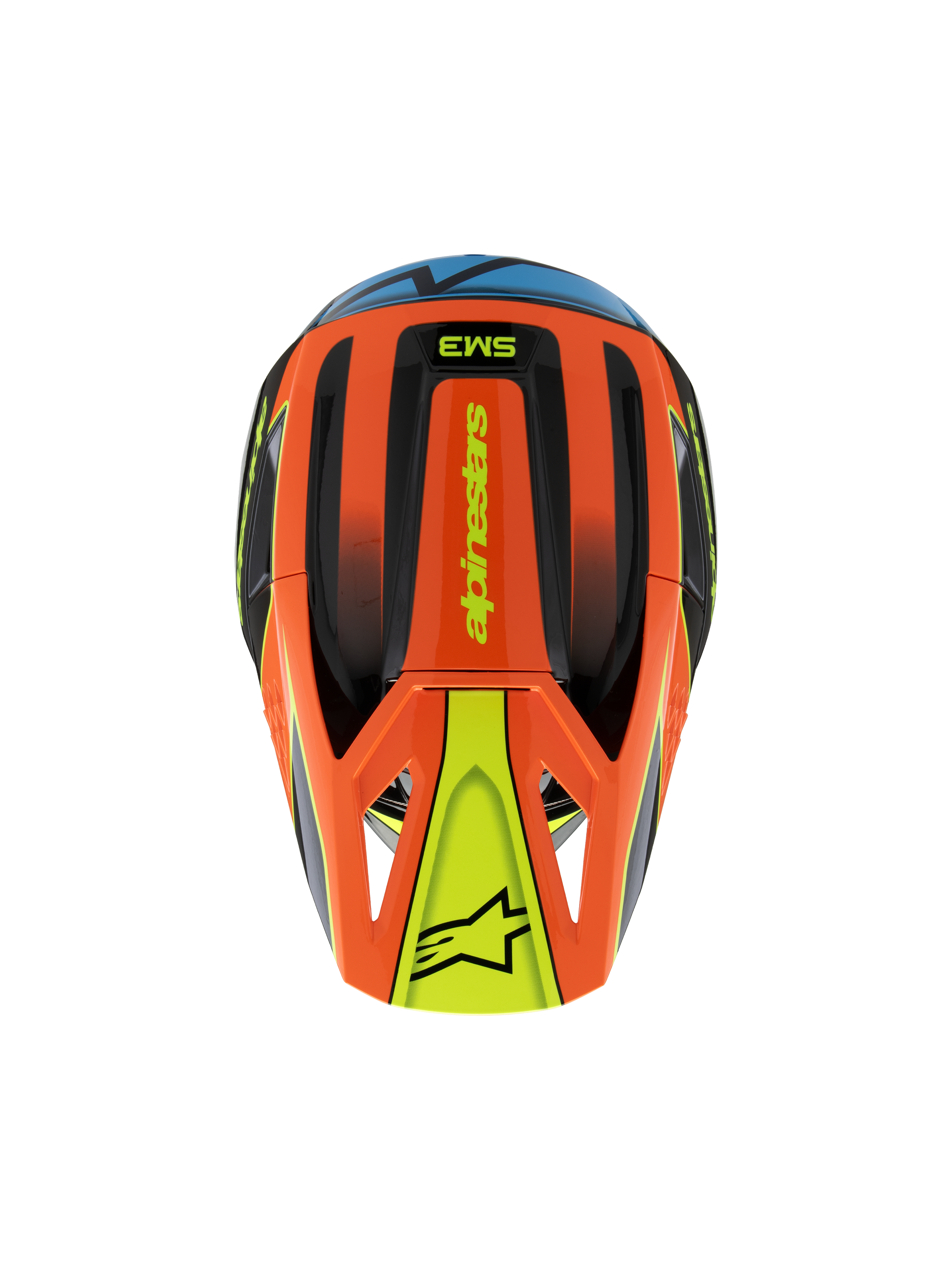 Alpinestars S-M3 Youth Fray hjelm, set oppefra, orange, sort og gul med blå detaljer, med 'alpinestars' branding og stjernelogo på visiret, strømlinet aerodynamisk design til motocross og off-road kørsel til unge