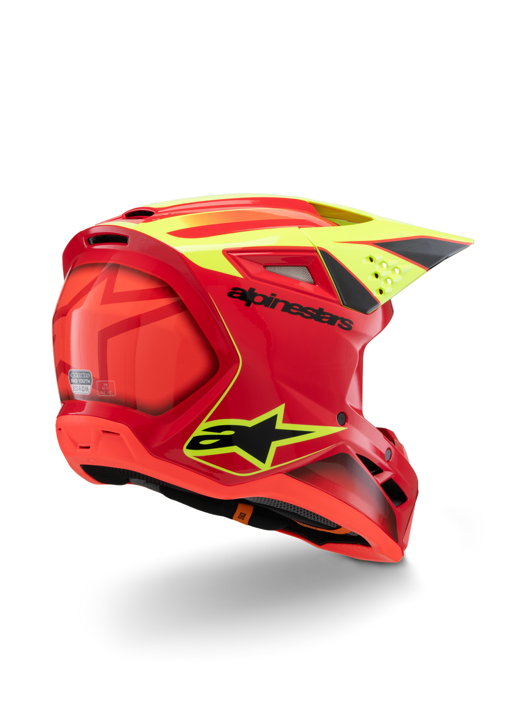 Alpinestars S-M3 Youth Fray hjelm, rød og gul fluo blank, set bagfra fra siden, med markante sorte logoer og aerodynamiske ventilationsåbninger, høj-synligheds motocross-hjelm til unge