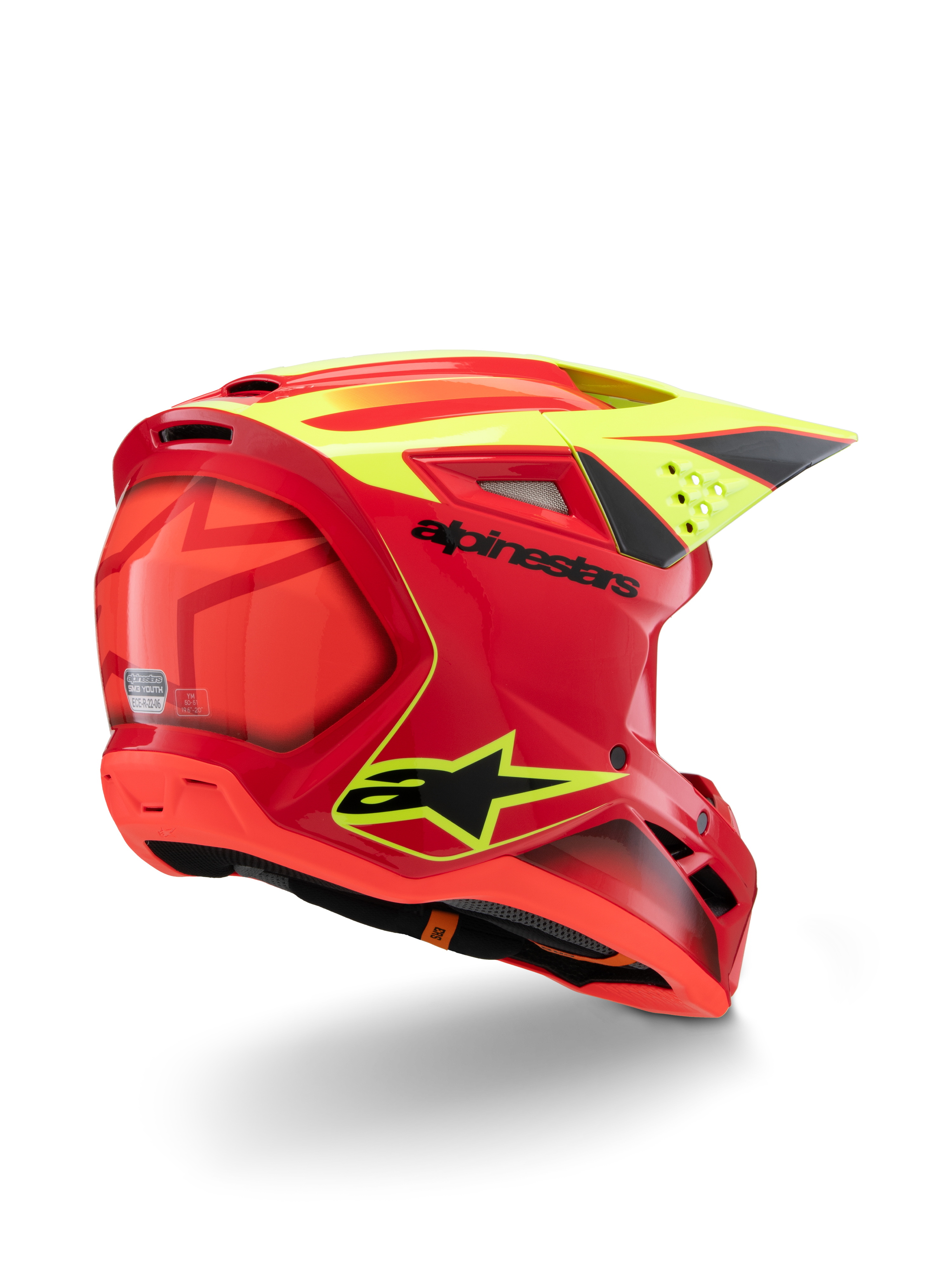Alpinestars S-M3 Youth Fray hjelm, rød og gul fluo blank, set bagfra fra siden, med markante sorte logoer og aerodynamiske ventilationsåbninger, høj-synligheds motocross-hjelm til unge