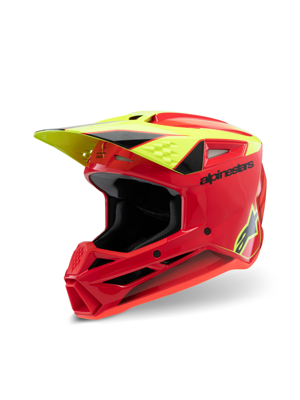 Alpinestars S-M3 Youth Fray hjelm, motocross-hjelm, rød, fluorescerende gul og blank sort, med aggressivt aerodynamisk design, beskyttende visir og flere ventilationsporte til off-road kørsel.