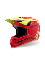Alpinestars S-M3 Youth Fray hjelm, motocross-hjelm, rød, fluorescerende gul og blank sort, med aggressivt aerodynamisk design, beskyttende visir og flere ventilationsporte til off-road kørsel.