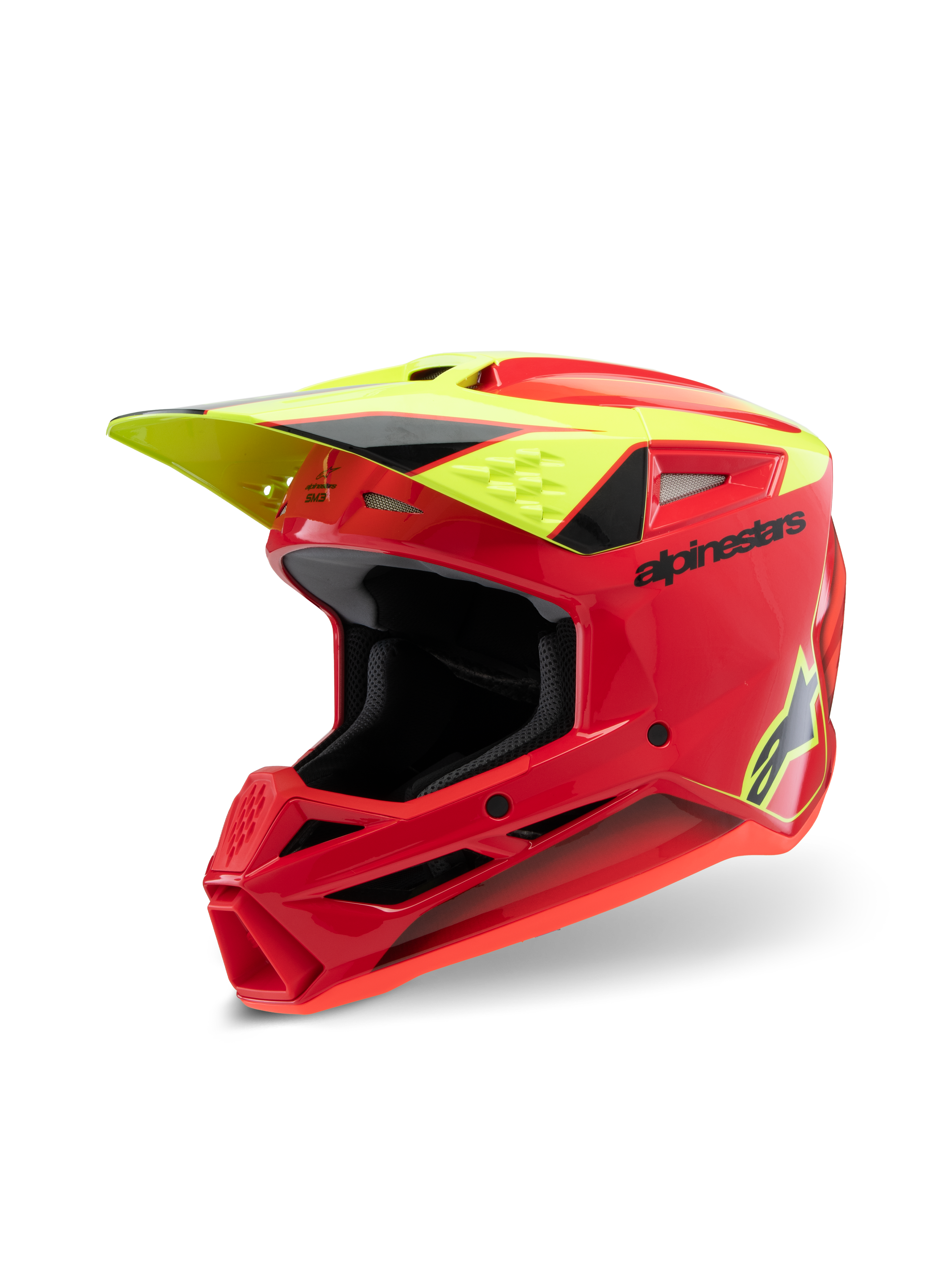 Alpinestars S-M3 Youth Fray hjelm, motocross-hjelm, rød, fluorescerende gul og blank sort, med aggressivt aerodynamisk design, beskyttende visir og flere ventilationsporte til off-road kørsel.