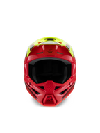 Alpinestars S-M3 Youth Fray hjelm, motocross-hjelm, rød og gul fluo blank, set forfra med fokus på ventilationsindtag og den aggressive hagebeskytter, specialiseret off-road hovedbeskyttelse til unge ryttere