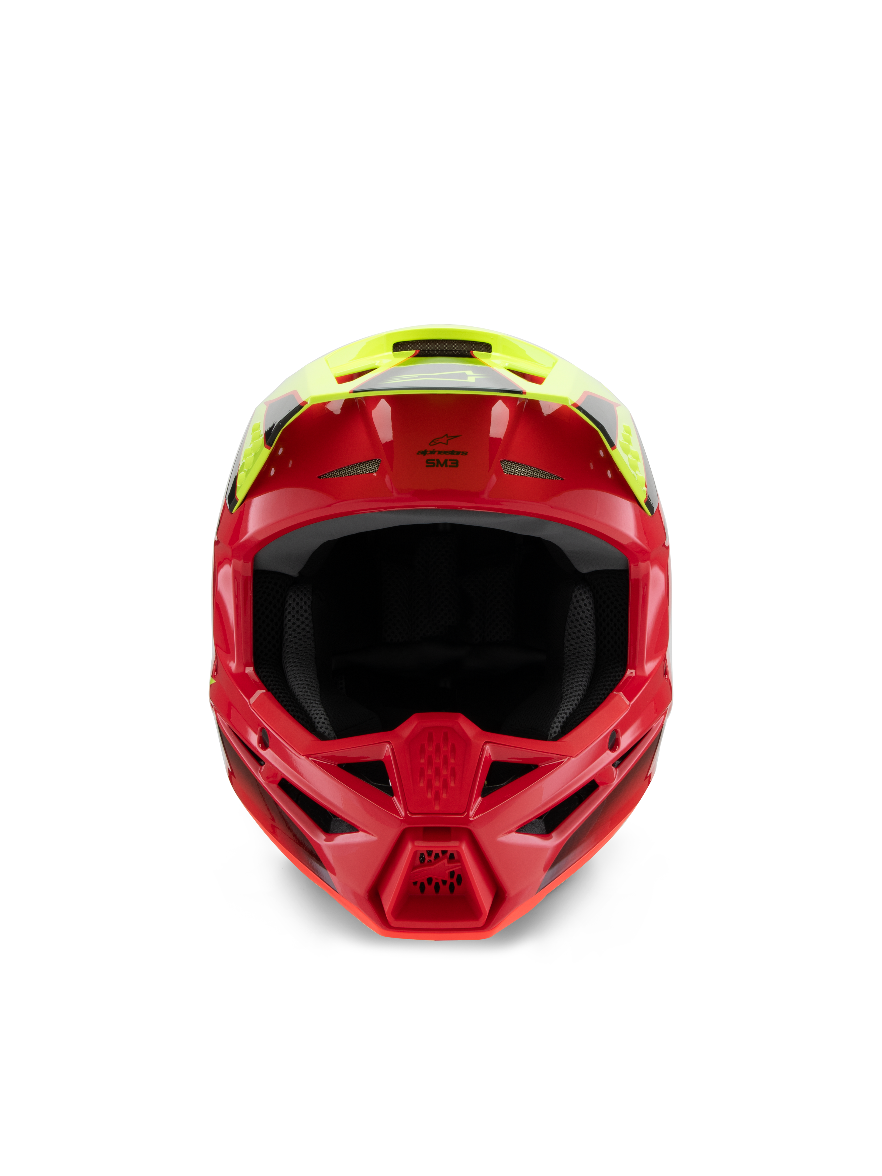 Alpinestars S-M3 Youth Fray hjelm, motocross-hjelm, rød og gul fluo blank, set forfra med fokus på ventilationsindtag og den aggressive hagebeskytter, specialiseret off-road hovedbeskyttelse til unge ryttere