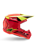 Alpinestars S-M3 Youth Fray-hjelm, motocross-hjelm, rød, fluorescerende gul og blank sort, profilvisning fra siden, der viser et strømlinet aerodynamisk design med integreret visir og markante ventilationsåbninger, markant sort branding på en iøjnefaldende rød skal, optimeret til off-road-performance for unge