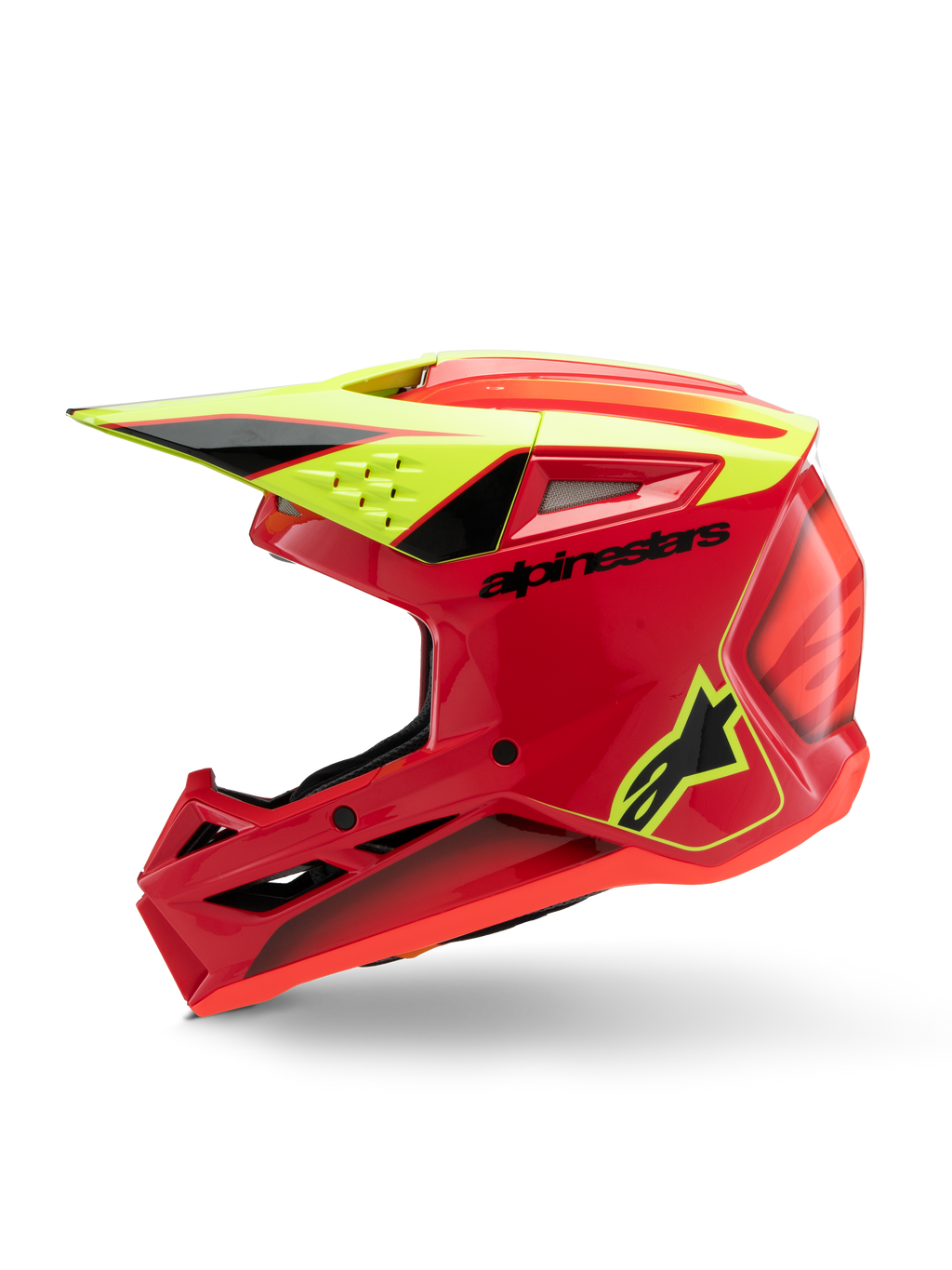 Alpinestars S-M3 Youth Fray hjelm, motocrosshjelm, rød, neon gul og blank sort, profilvisning der viser det aerodynamiske visir, ventilationsindtag og markant branding, beskyttelsesudstyr til off-road brug til unge