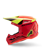 Alpinestars S-M3 Youth Fray hjelm, motocrosshjelm, rød, neon gul og blank sort, profilvisning der viser det aerodynamiske visir, ventilationsindtag og markant branding, beskyttelsesudstyr til off-road brug til unge