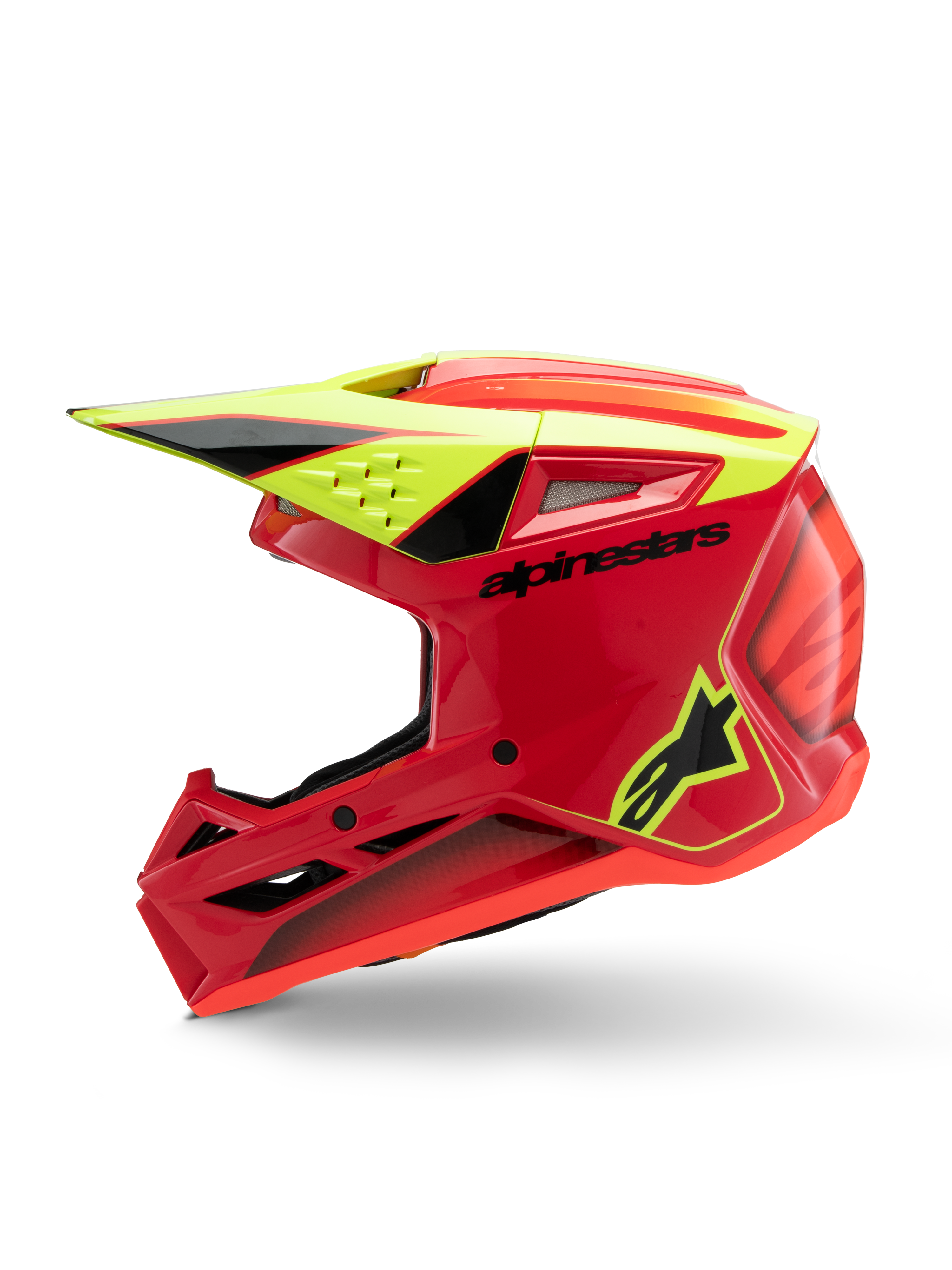 Alpinestars S-M3 Youth Fray hjelm, motocrosshjelm, rød, neon gul og blank sort, profilvisning der viser det aerodynamiske visir, ventilationsindtag og markant branding, beskyttelsesudstyr til off-road brug til unge